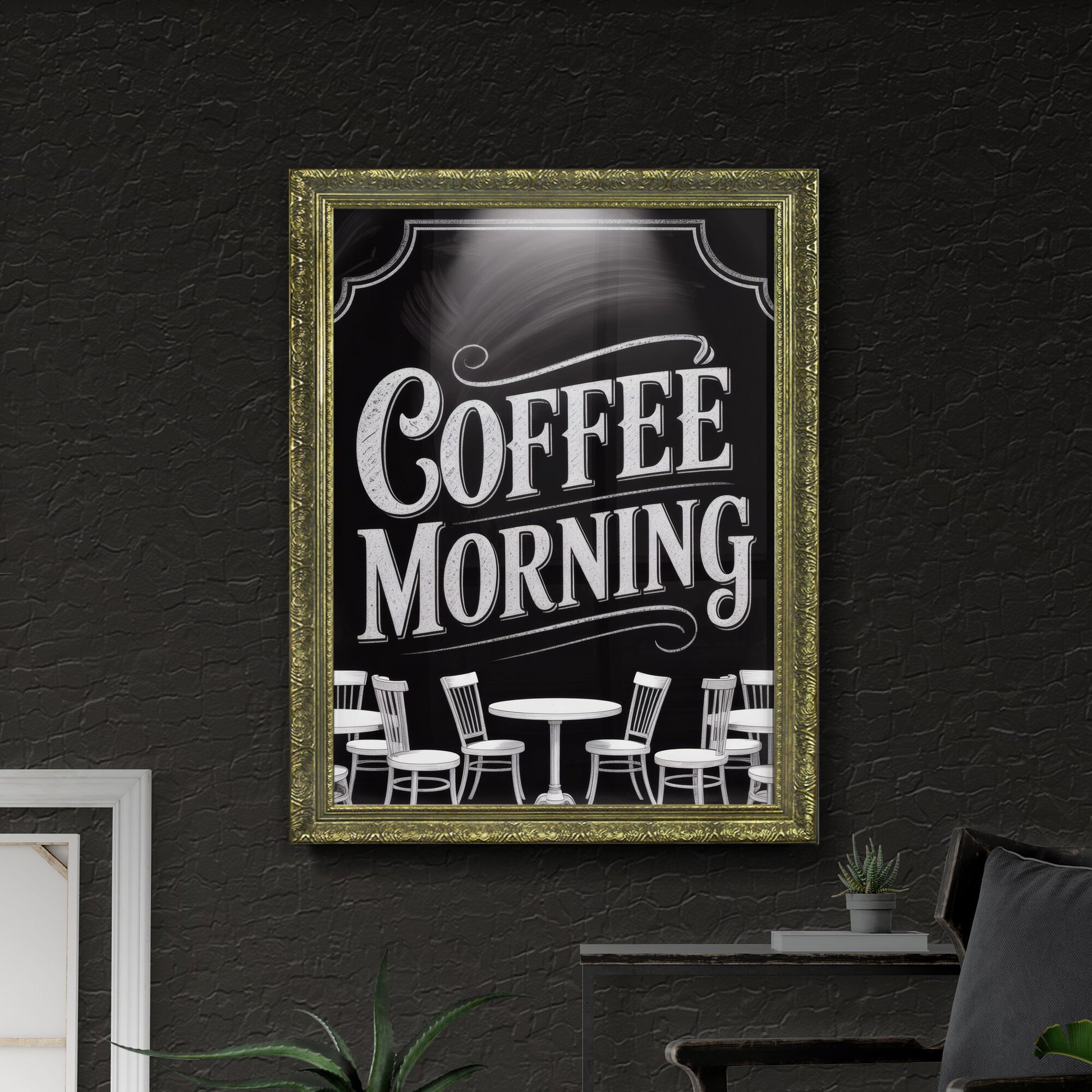 Stylish Coffee Morning Atmosphere with Elegant Seating and Inviting Chalkboard Sign.