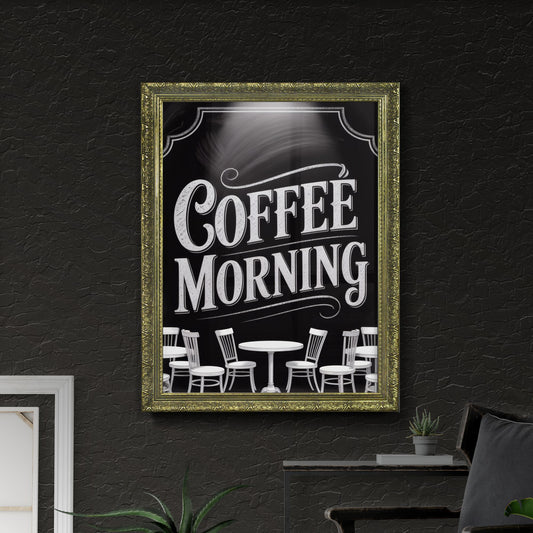 Stylish Coffee Morning Atmosphere with Elegant Seating and Inviting Chalkboard Sign.
