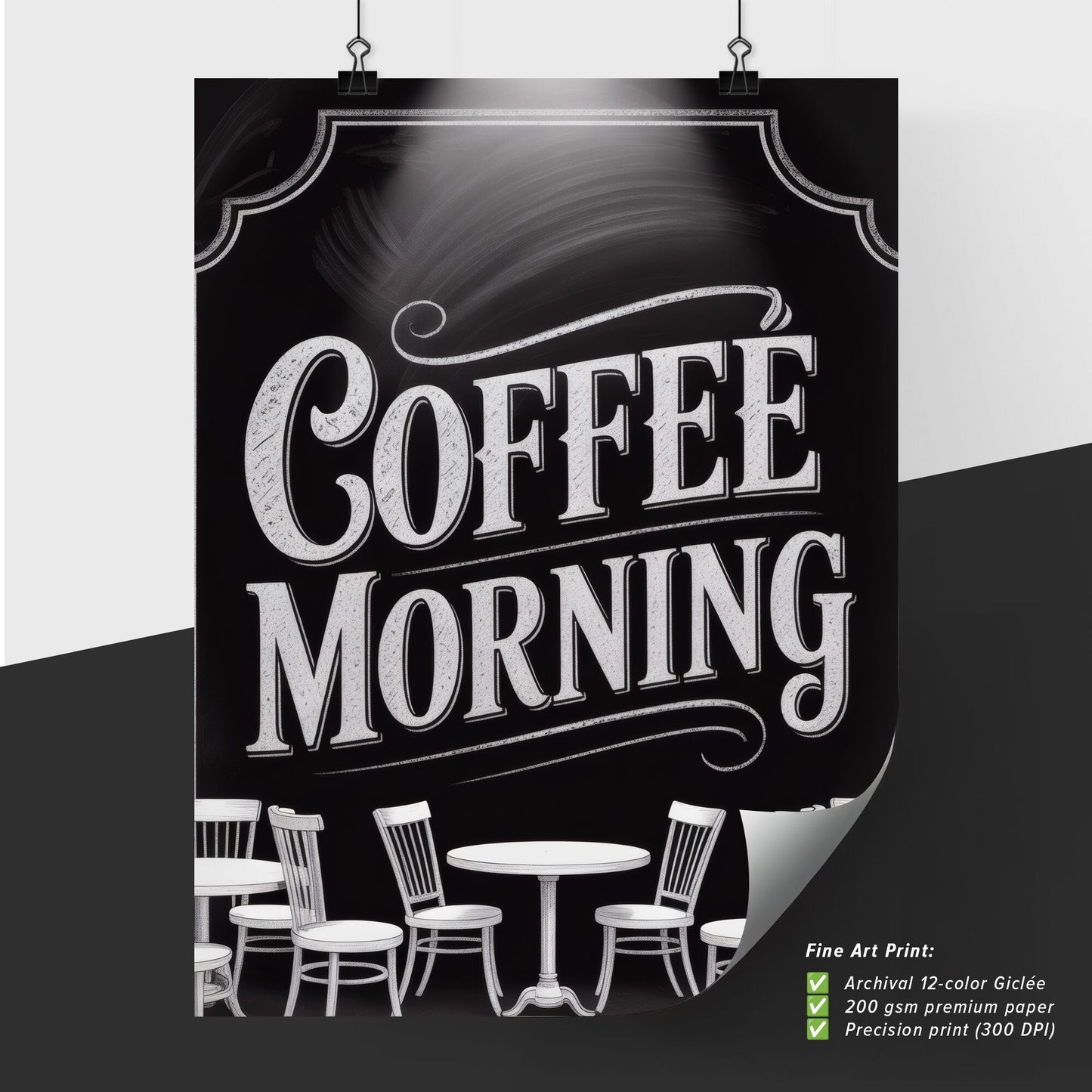 Stylish Coffee Morning Atmosphere with Elegant Seating and Inviting Chalkboard Sign.
