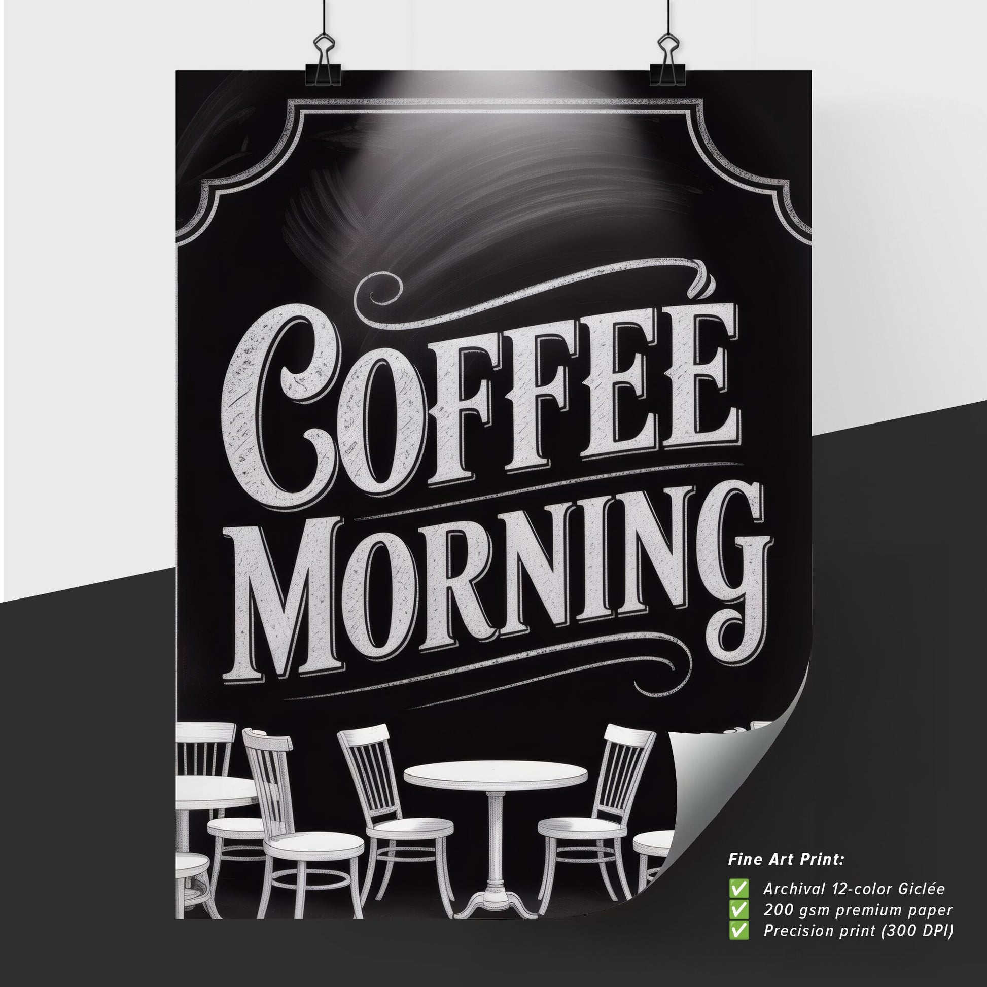 Stylish Coffee Morning Atmosphere with Elegant Seating and Inviting Chalkboard Sign.