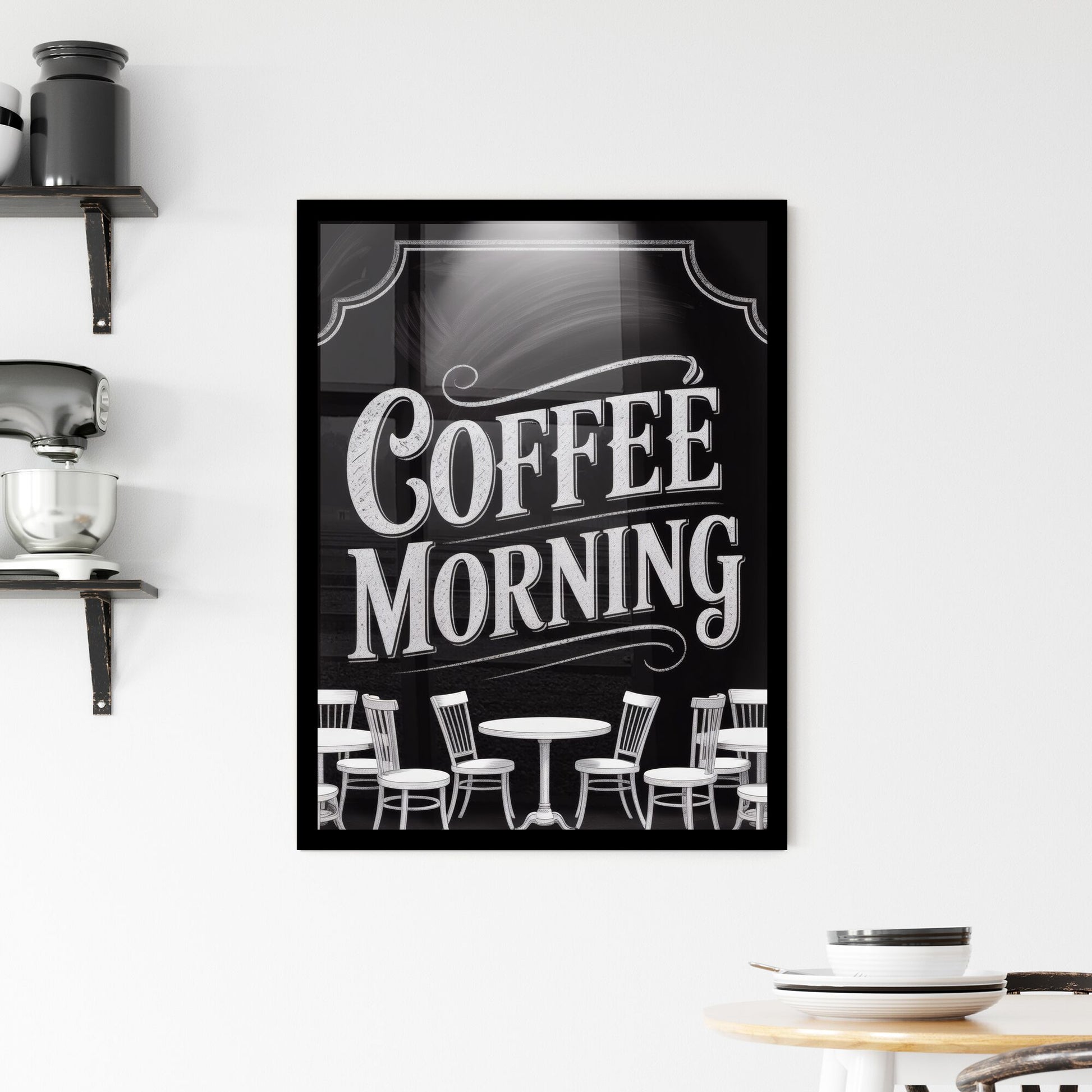 Stylish Coffee Morning Atmosphere with Elegant Seating and Inviting Chalkboard Sign. Framed Print