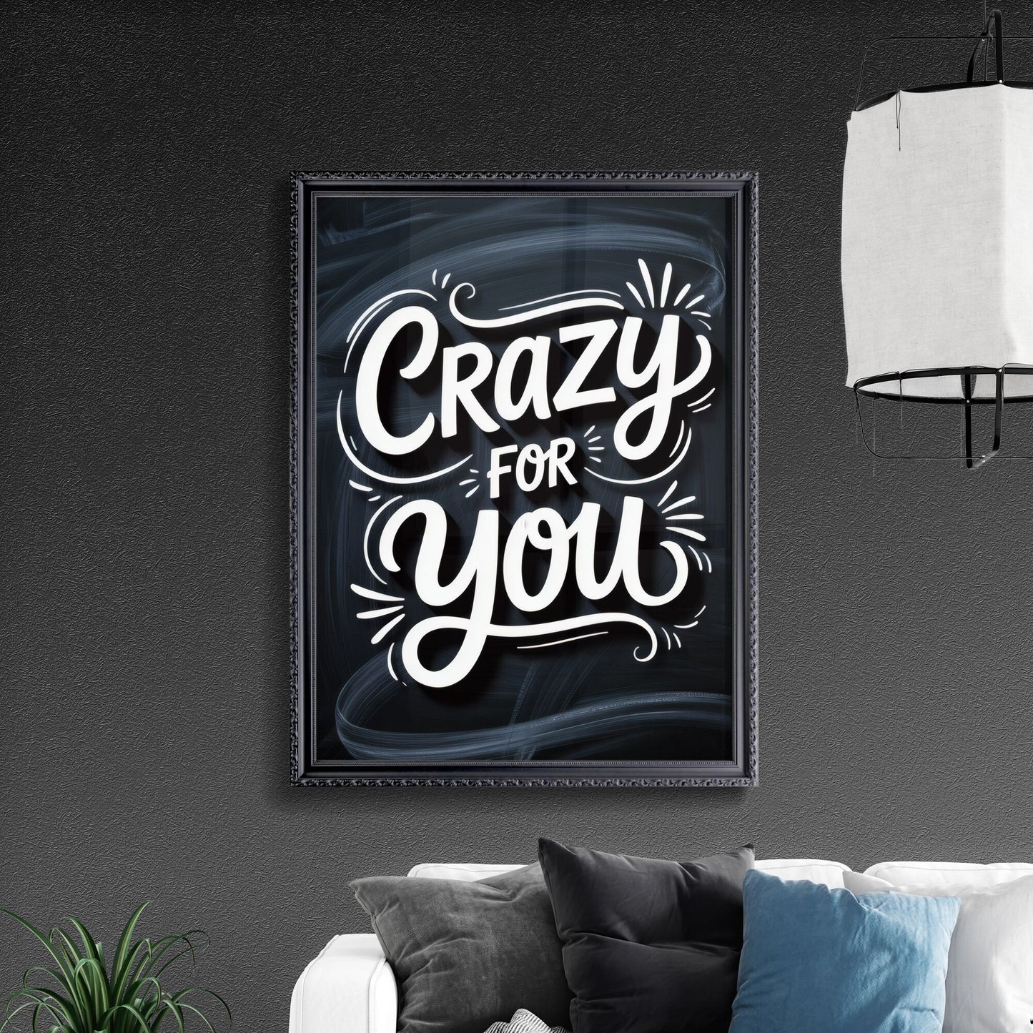 Stylish Handwritten Typography: 'Crazy for You' on a Charcoal Background, Perfect for Romantic Themes and Designs.