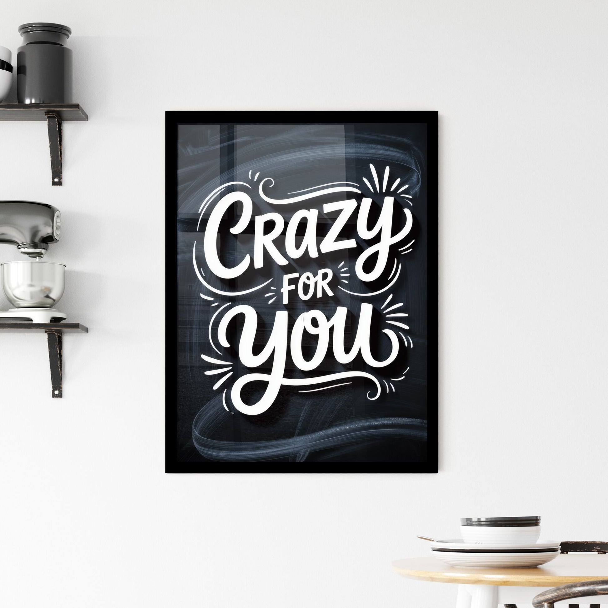 Stylish Handwritten Typography: 'Crazy for You' on a Charcoal Background, Perfect for Romantic Themes and Designs. Framed Print