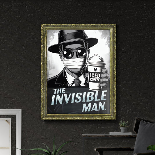 Stylish Illustration of a Mysterious Figure Holding Iced Coffee in Urban Setting, Embracing Modern Aesthetic.