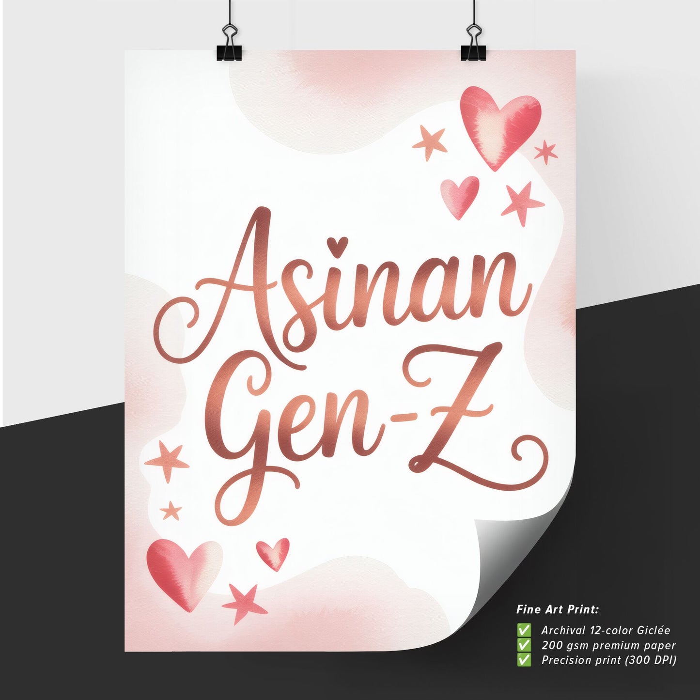 Stylish and Playful 'Asinan Gen-Z' Typography Design with Hearts and Stars for Trendy Youth Themes.