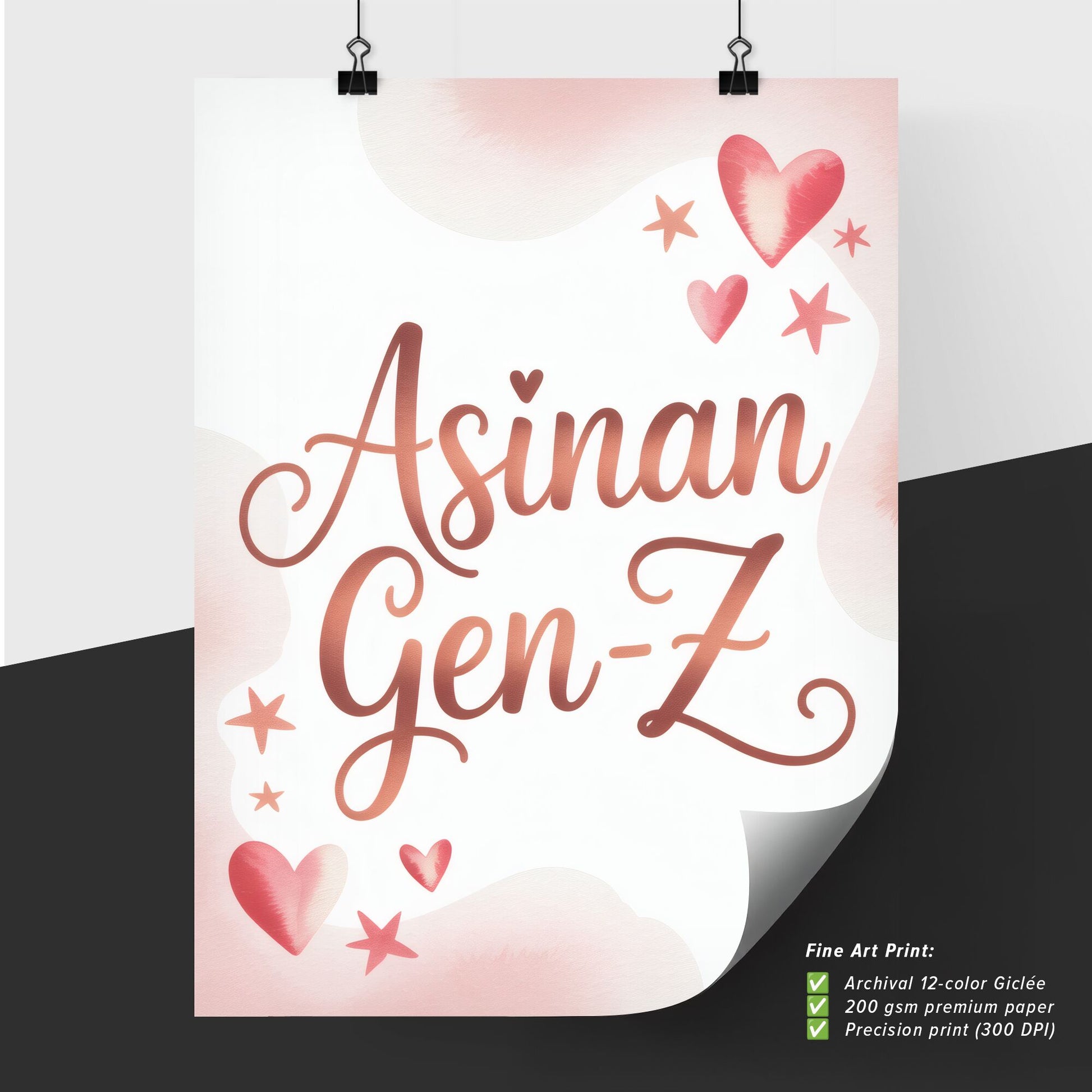 Stylish and Playful 'Asinan Gen-Z' Typography Design with Hearts and Stars for Trendy Youth Themes.