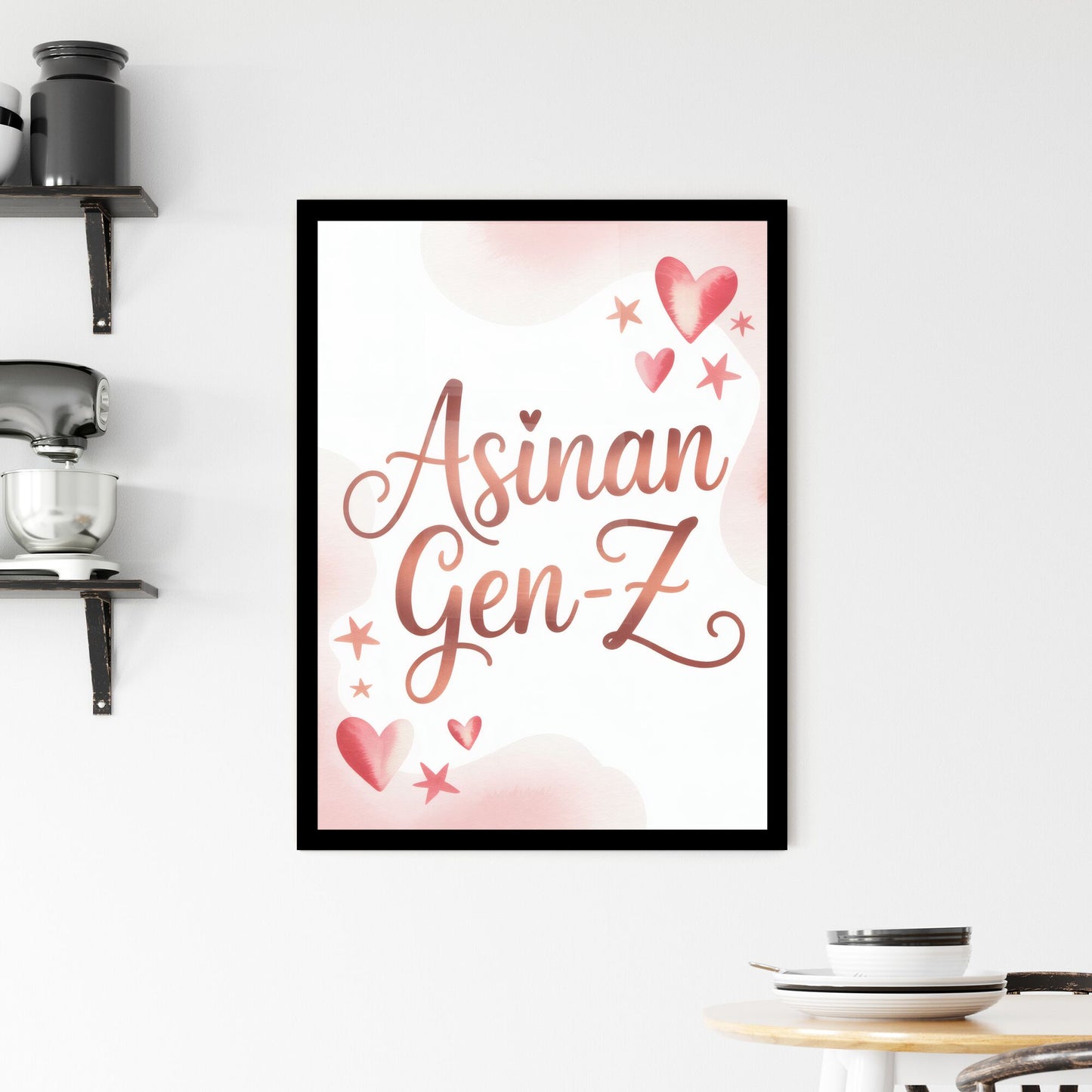 Stylish and Playful 'Asinan Gen-Z' Typography Design with Hearts and Stars for Trendy Youth Themes. Framed Print
