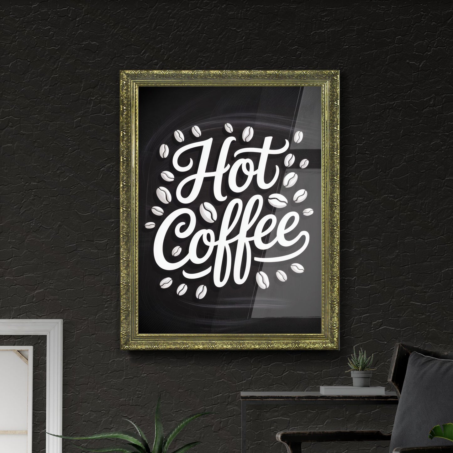Stylish Typography of 'Hot Coffee' Surrounded by Coffee Beans on a Dark Background