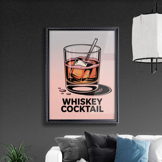 Stylish Whiskey Cocktail Illustration with Ice and Straw on a Gradient Background for Contemporary Bar Themes.