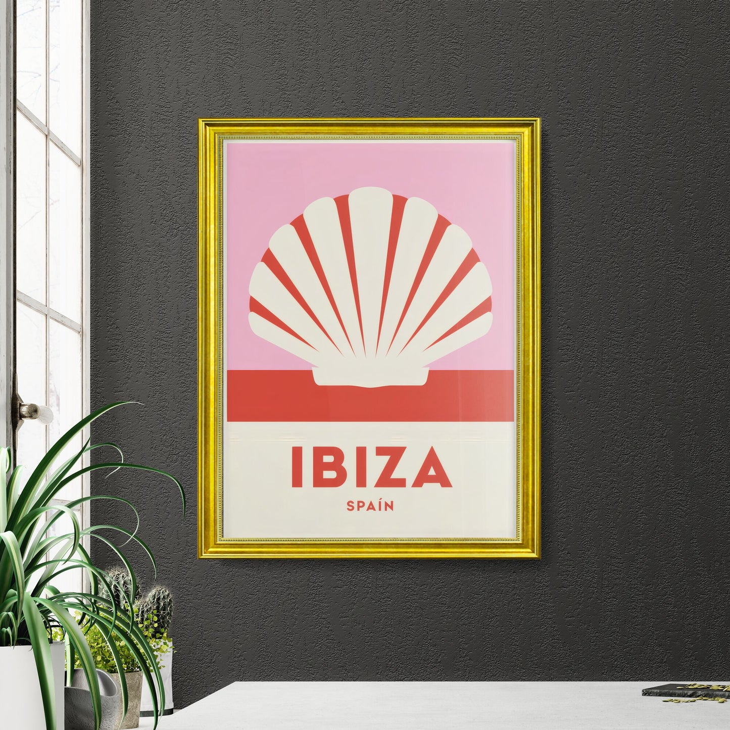 Stylized Vintage Travel Poster Featuring Ibiza, Spain with Iconic Shell Design and Bold Typography.