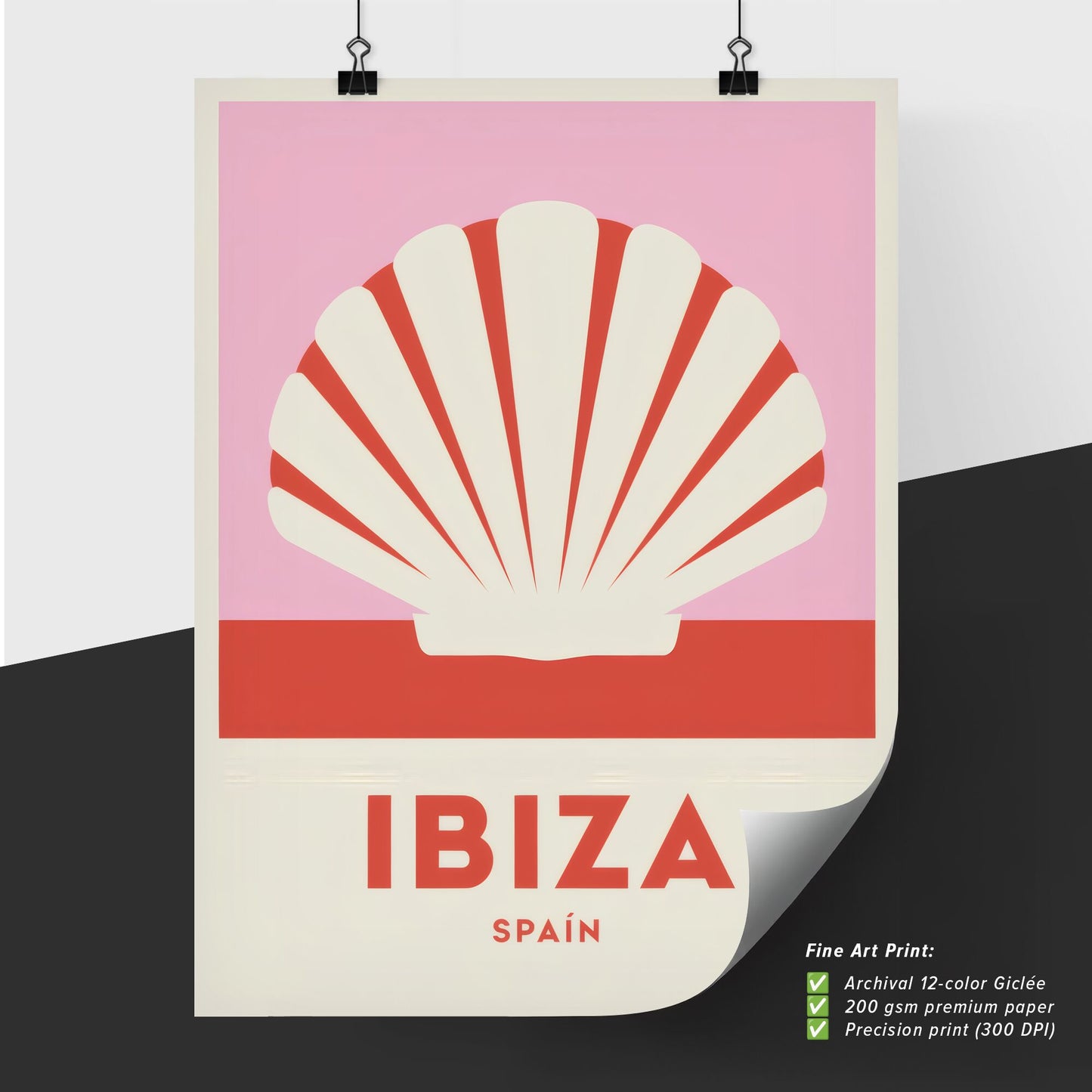 Stylized Vintage Travel Poster Featuring Ibiza, Spain with Iconic Shell Design and Bold Typography.