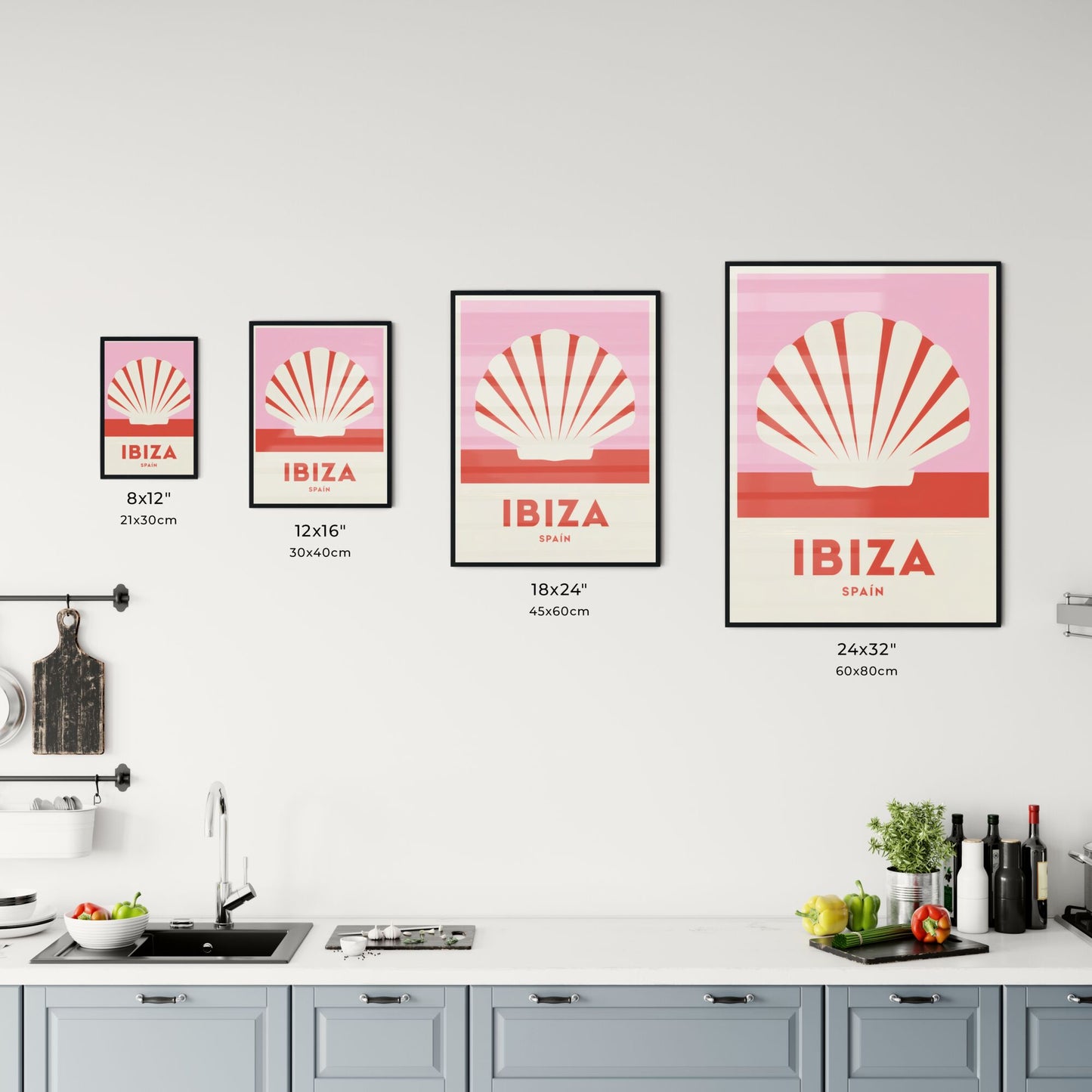 Stylized Vintage Travel Poster Featuring Ibiza, Spain with Iconic Shell Design and Bold Typography. Chart