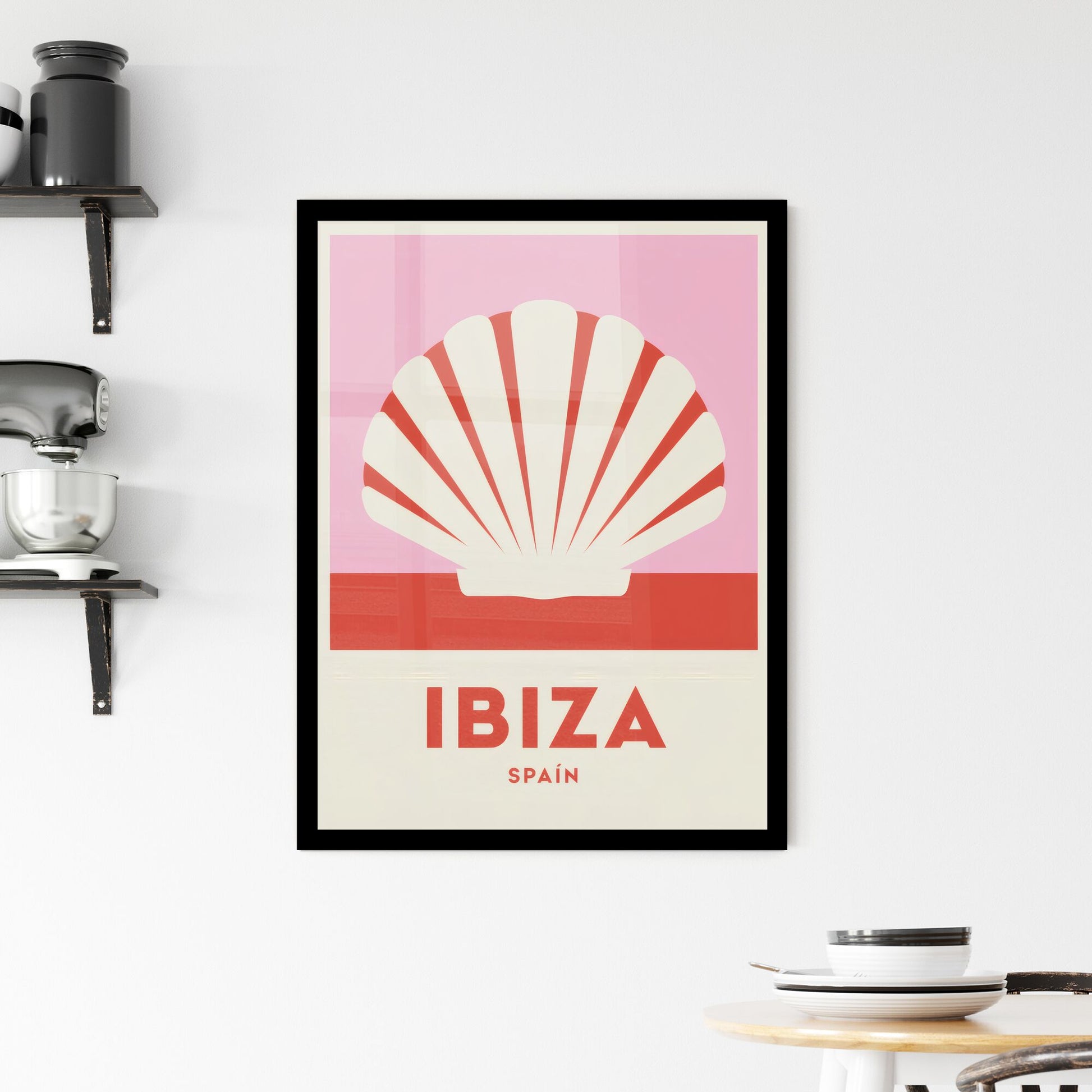Stylized Vintage Travel Poster Featuring Ibiza, Spain with Iconic Shell Design and Bold Typography. Framed Print