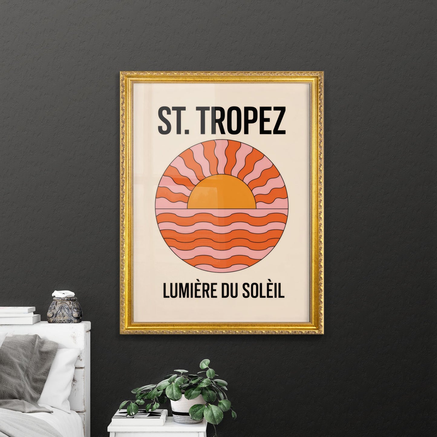Stylized Sunset Illustration with Retro Colors and Typography for St. Tropez Travel Inspiration.