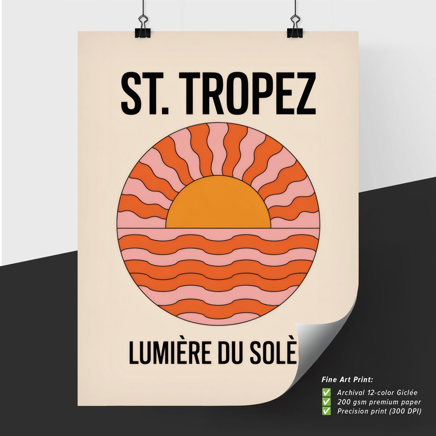 Stylized Sunset Illustration with Retro Colors and Typography for St. Tropez Travel Inspiration.