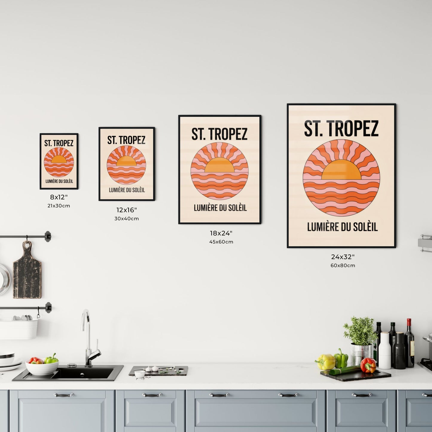 Stylized Sunset Illustration with Retro Colors and Typography for St. Tropez Travel Inspiration. Chart
