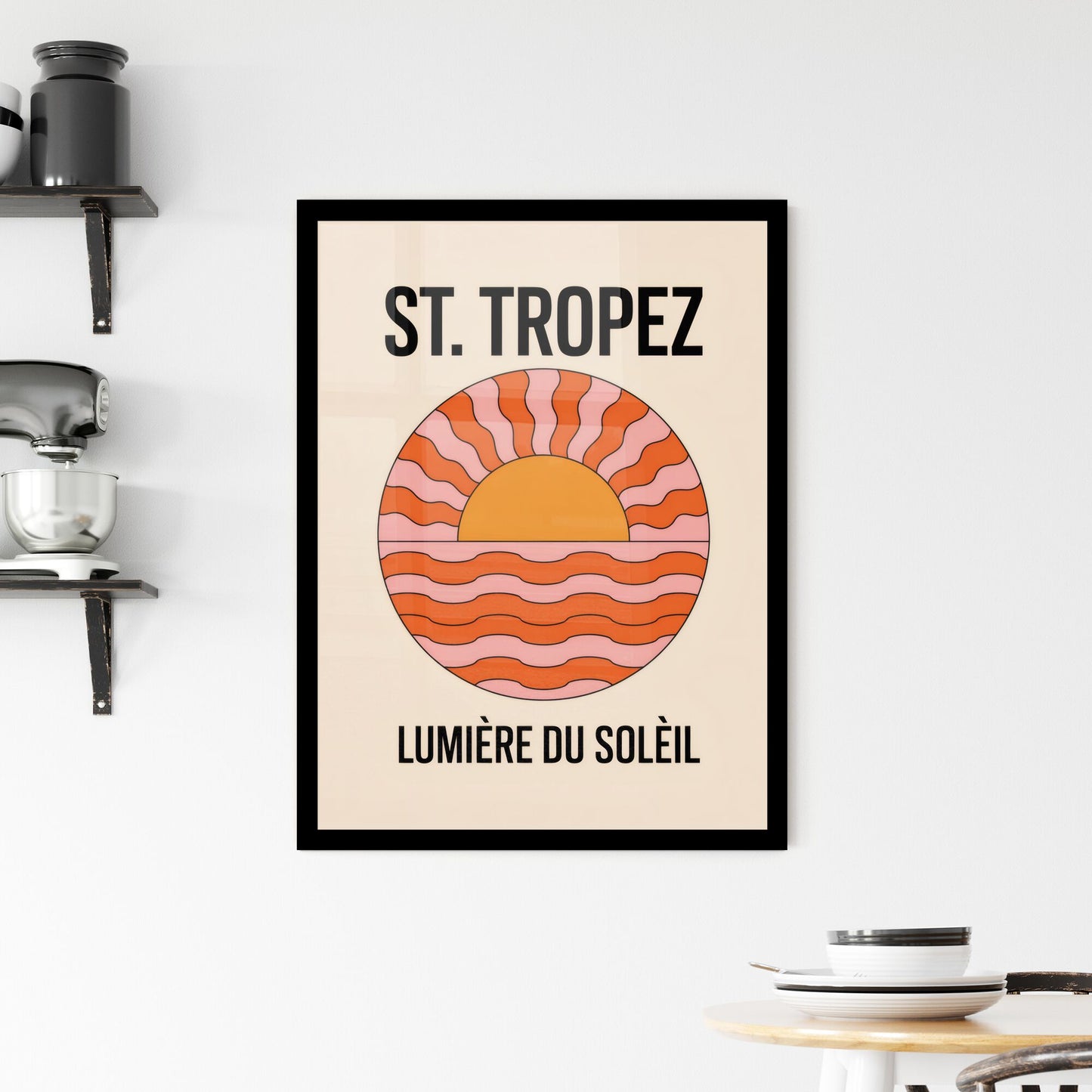 Stylized Sunset Illustration with Retro Colors and Typography for St. Tropez Travel Inspiration. Framed Print