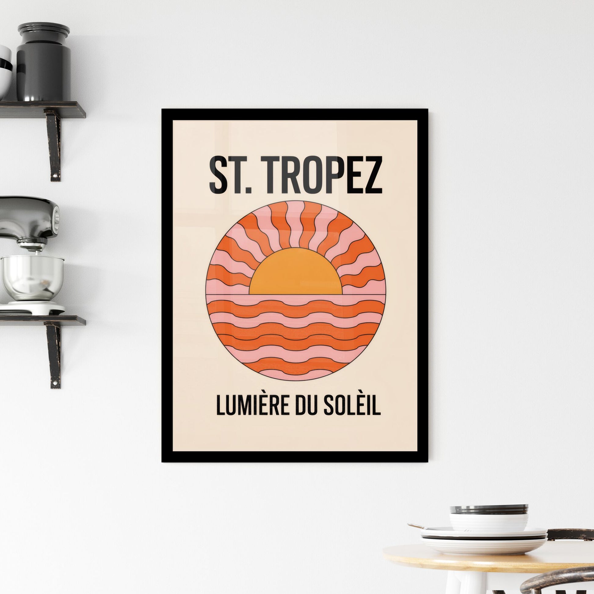 Stylized Sunset Illustration with Retro Colors and Typography for St. Tropez Travel Inspiration. Framed Print