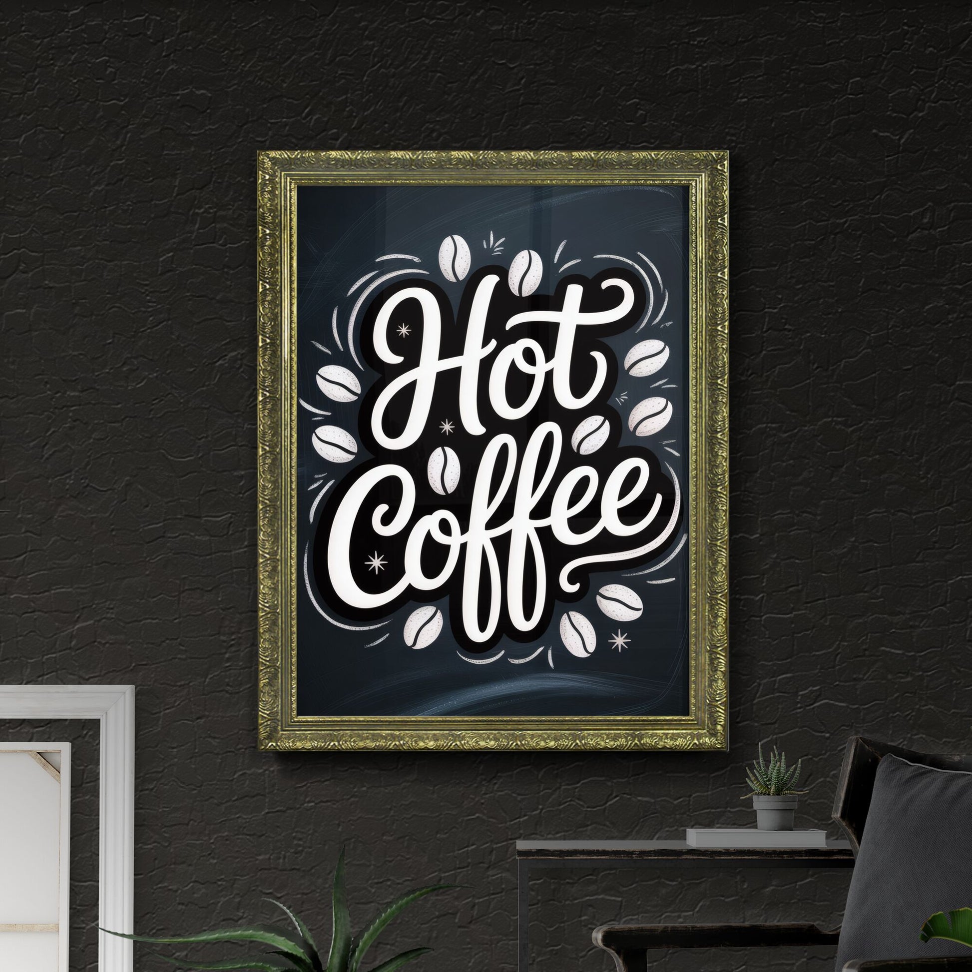 Stylized Typography Featuring 'Hot Coffee' Surrounded by Coffee Beans on a Black Background.
