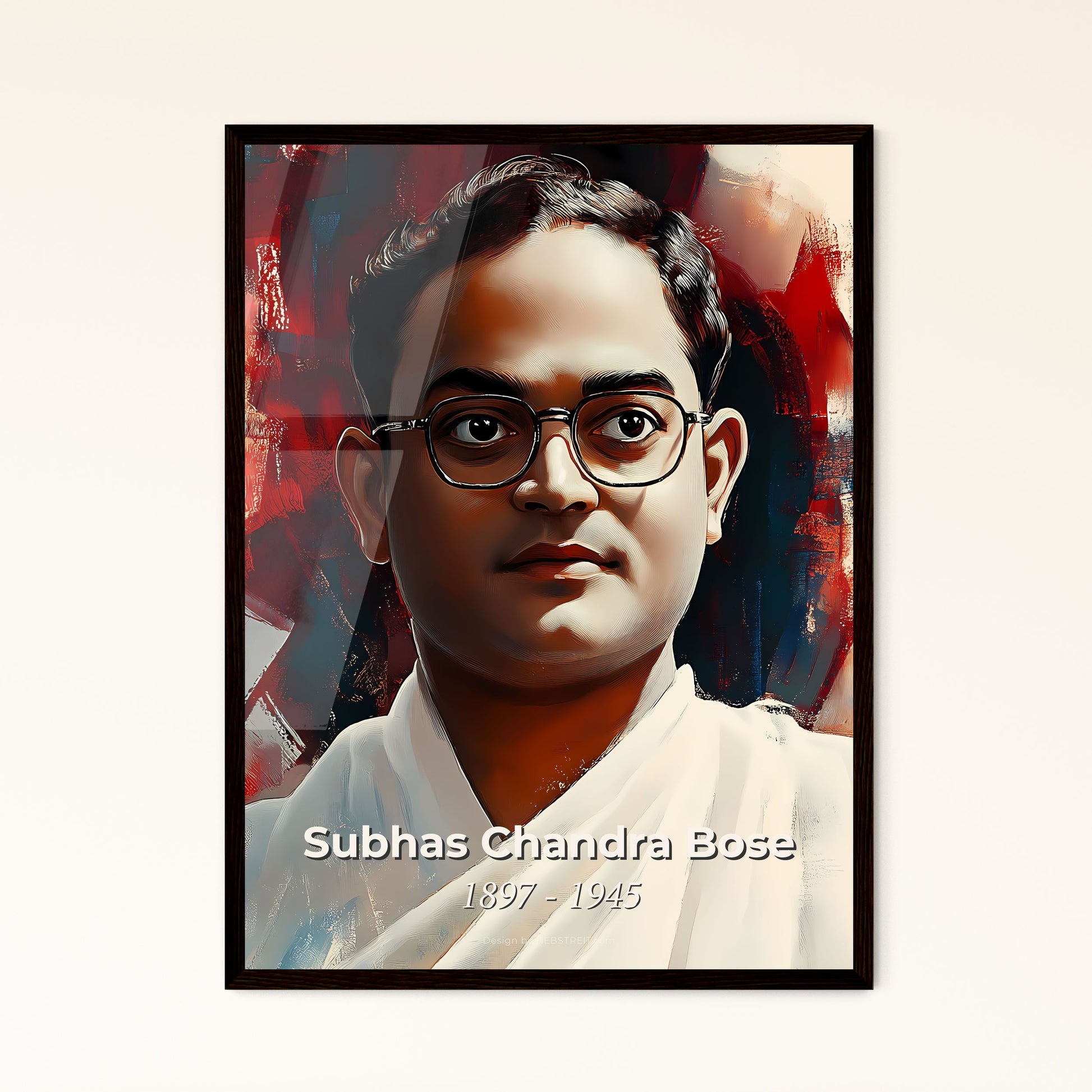 Portrait of Subhas Chandra Bose, 1897 - 1945. Impressionistic painting of a man wearing glasses and a robe.