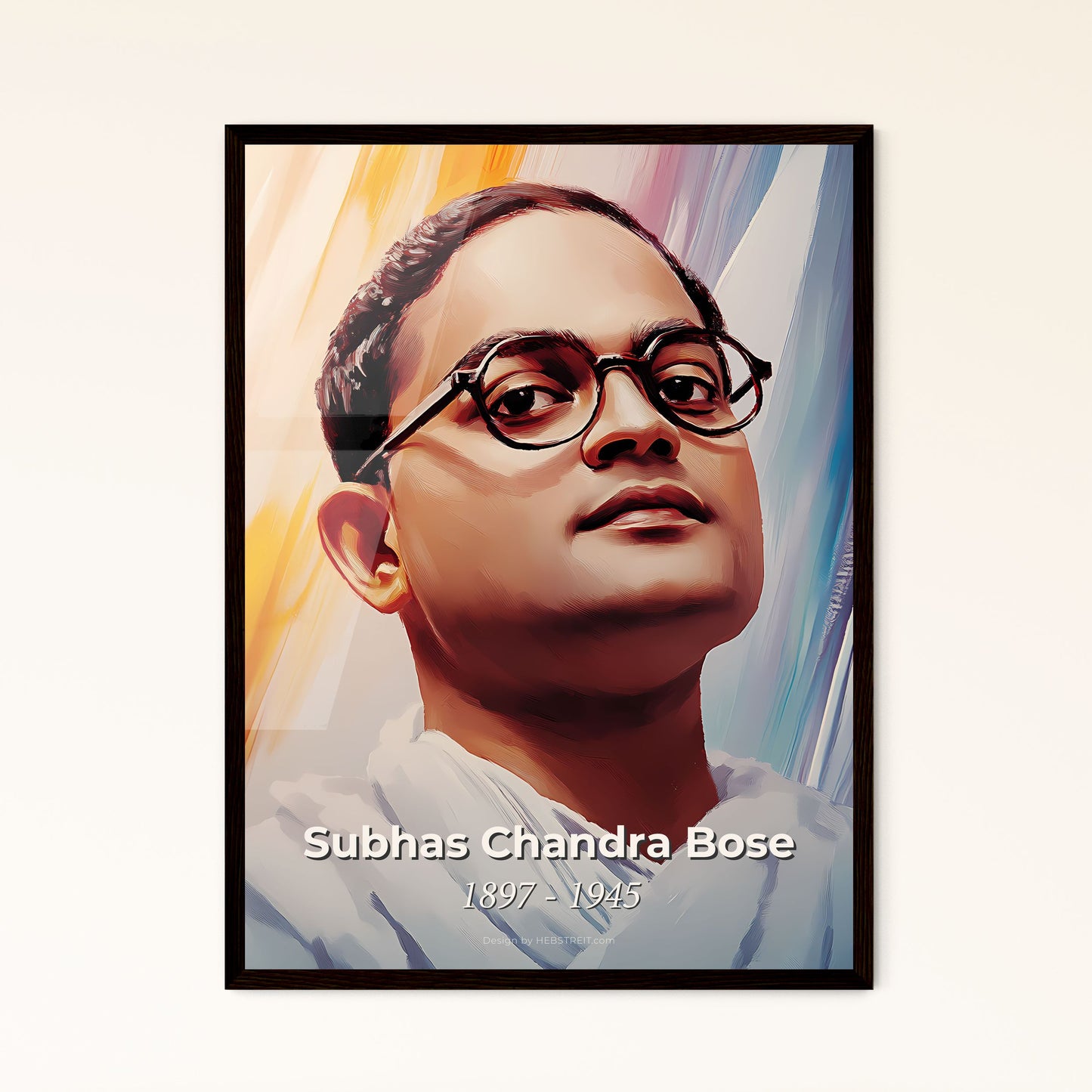 Portrait of Subhas Chandra Bose, 1897 - 1945. Impressionistic painting of a man wearing glasses and a white robe.