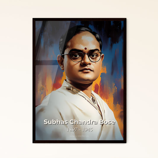 Portrait of Subhas Chandra Bose, 1897 - 1945. Impressionistic painting of a man wearing glasses and a white robe.