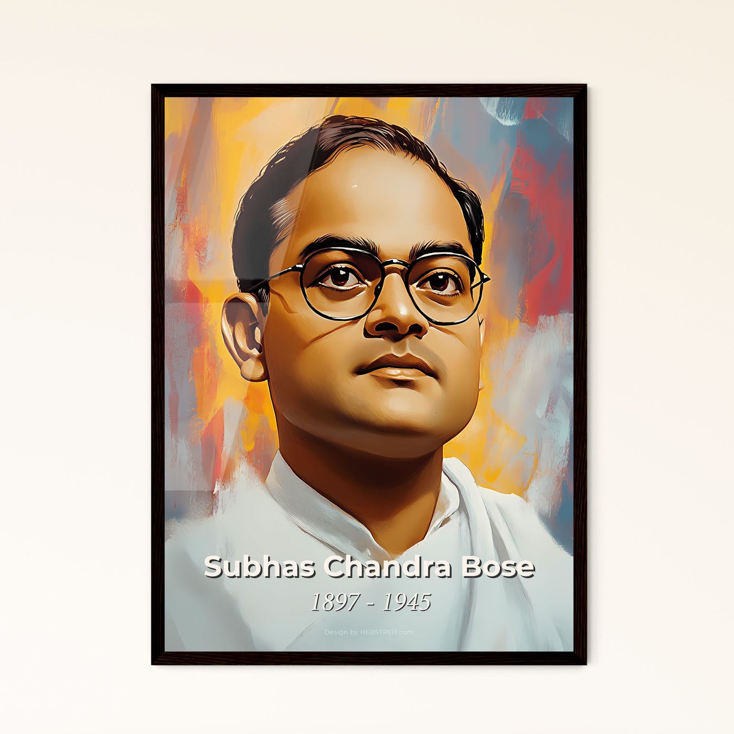 Portrait of Subhas Chandra Bose, 1897 - 1945. Impressionistic painting of a man wearing glasses and a white robe.