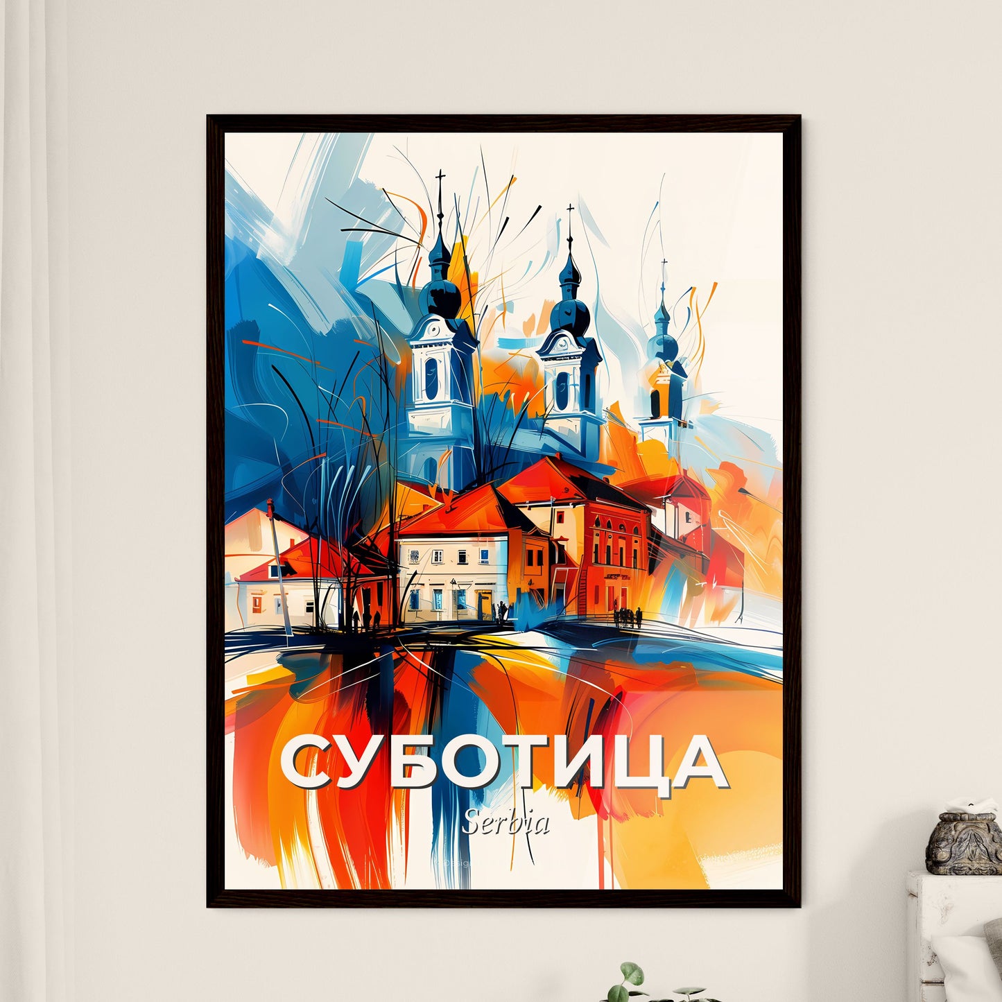 Vibrant Суботица, Serbia - A Painting Of A Building With Towers And A Colorful Background