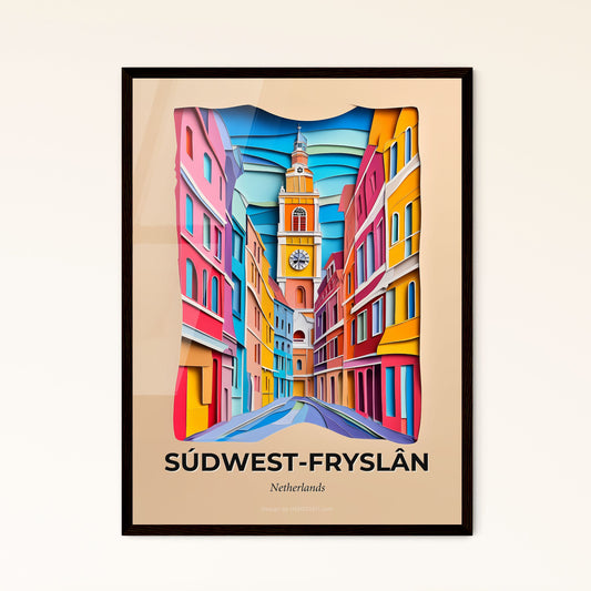 Vivid Súdwest-Fryslân, Netherlands - a paper cut of a city street with a clock tower