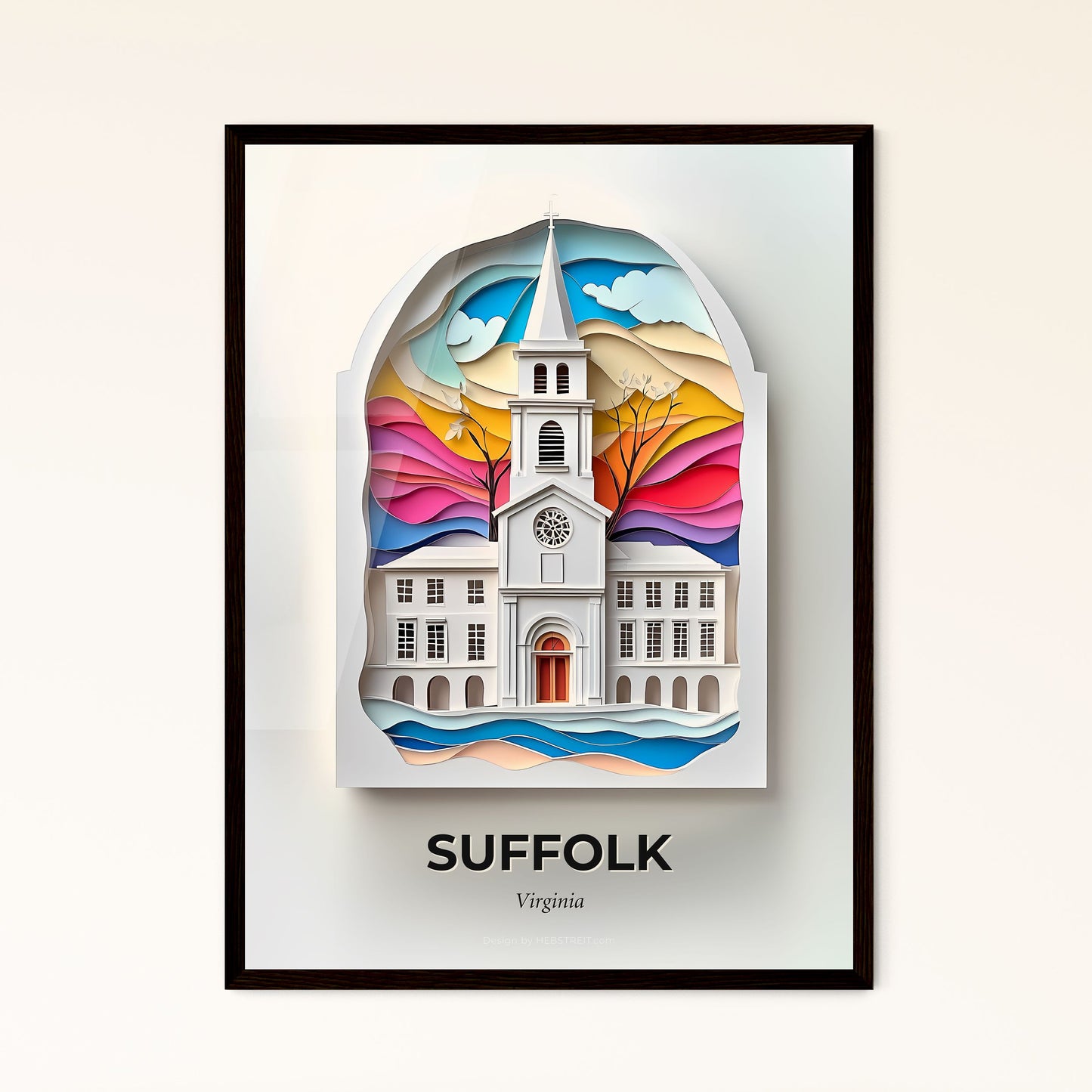 Vivid Suffolk, Virginia - a paper cut of a church with a clock