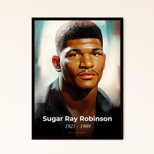 Portrait of Sugar Ray Robinson, 1921 - 1989. Impressionistic painting of a man posing for a picture.