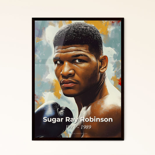 Portrait of Sugar Ray Robinson, 1921 - 1989. Impressionistic painting of a man with boxing gloves.