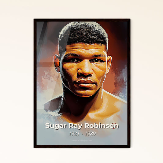 Portrait of Sugar Ray Robinson, 1921 - 1989. Impressionistic painting of a man looking at the camera.