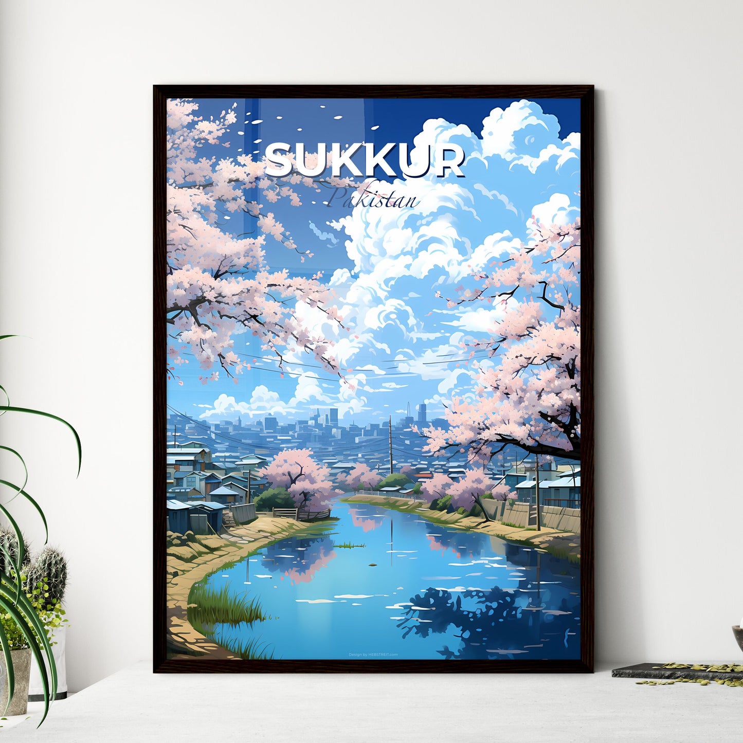 Sukkur Skyline Painting - Vibrant Riverfront Art with Blossoms and Buildings Default Title