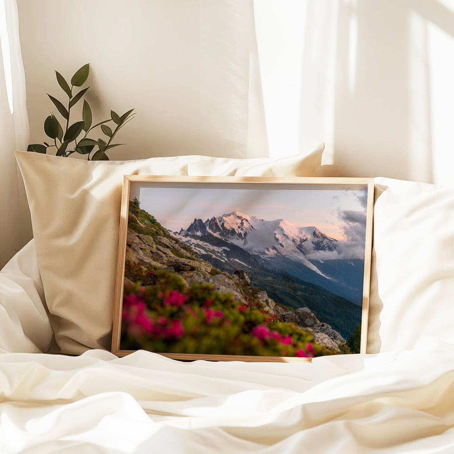 Mont Blanc Sunset Wall Art Print – Chamonix Alpine Landscape with Flowers