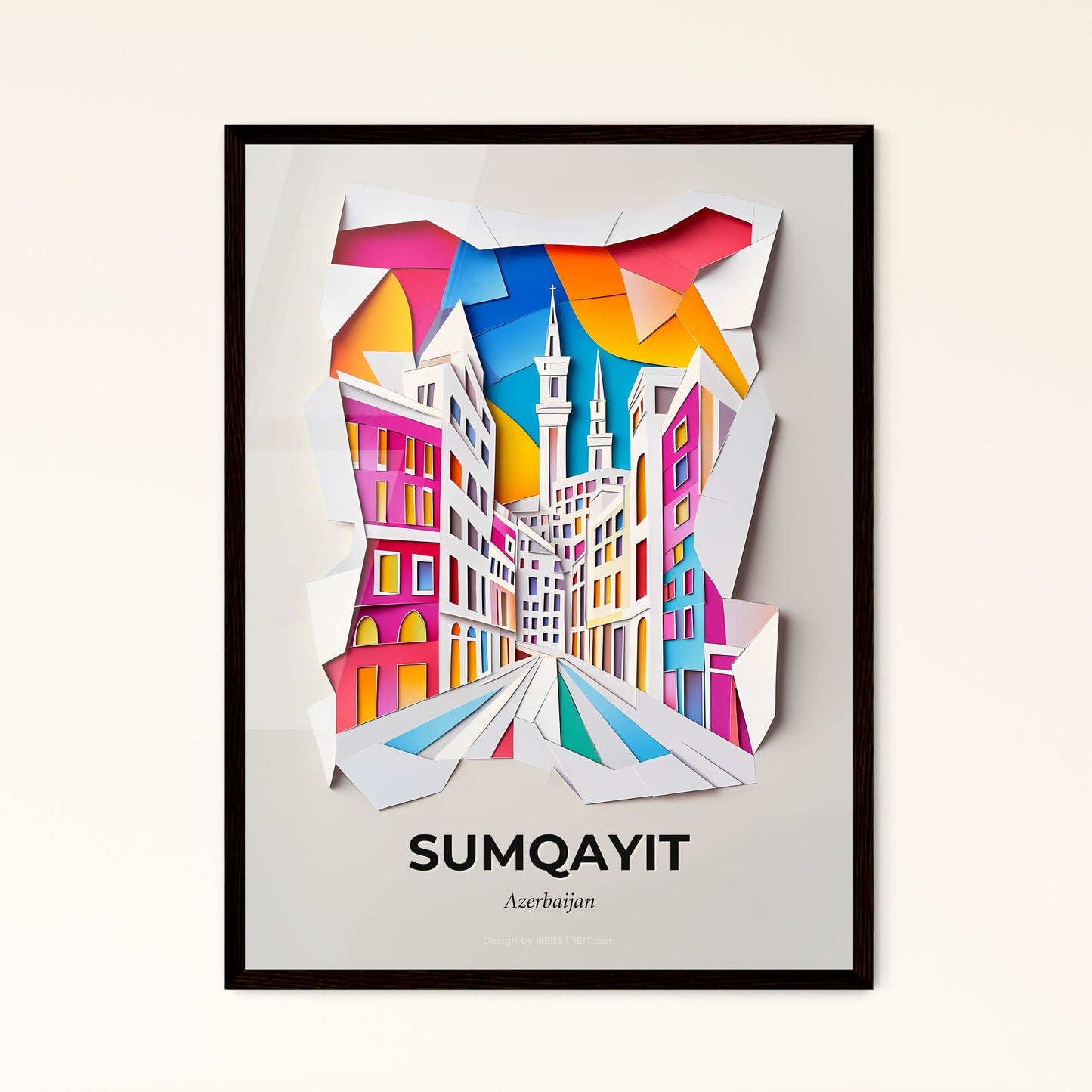 Vivid Sumqayit, Azerbaijan - a paper cut of a city with a clock tower