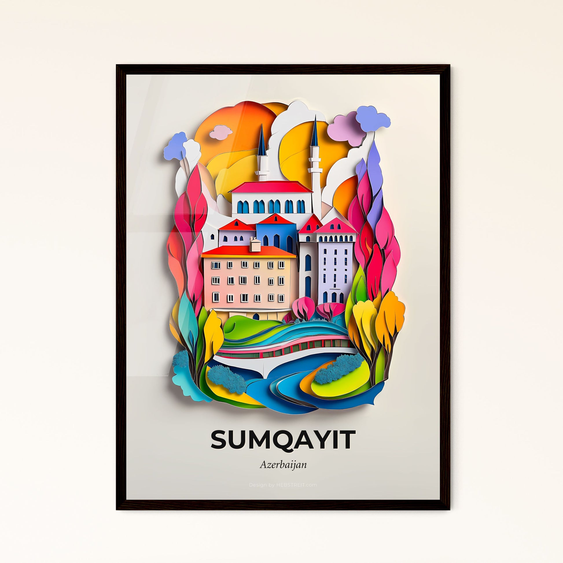 Vivid Sumqayit, Azerbaijan - a paper cut of a city with a river