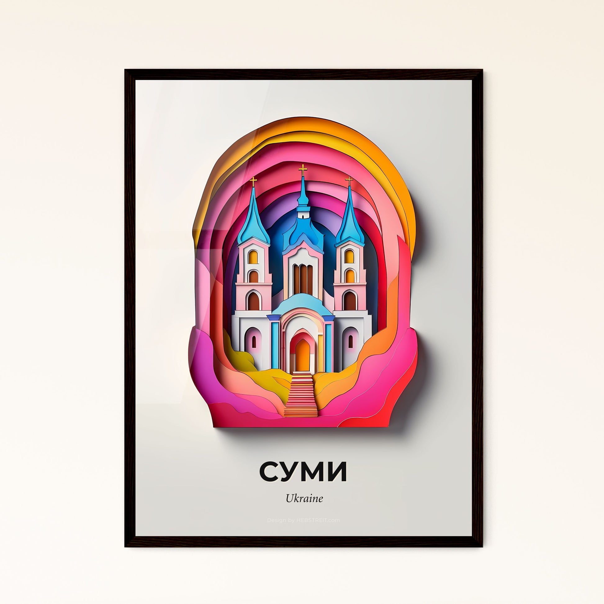 Vivid Sumy, Ukraine - a paper cut of a church with a rainbow colored roof