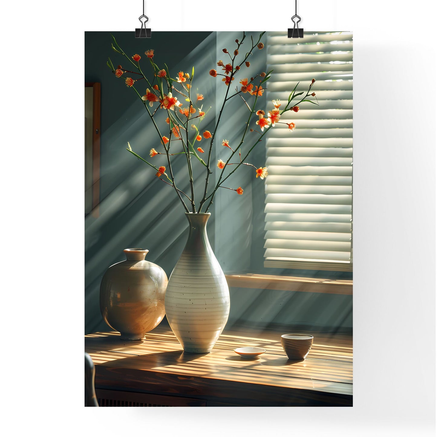Cubist Still Life Painting: Vibrant Vase with Flowers in Chinese Ink Style Illuminated by Realistic Sun Rays Captured in Light Track Photography Default Title