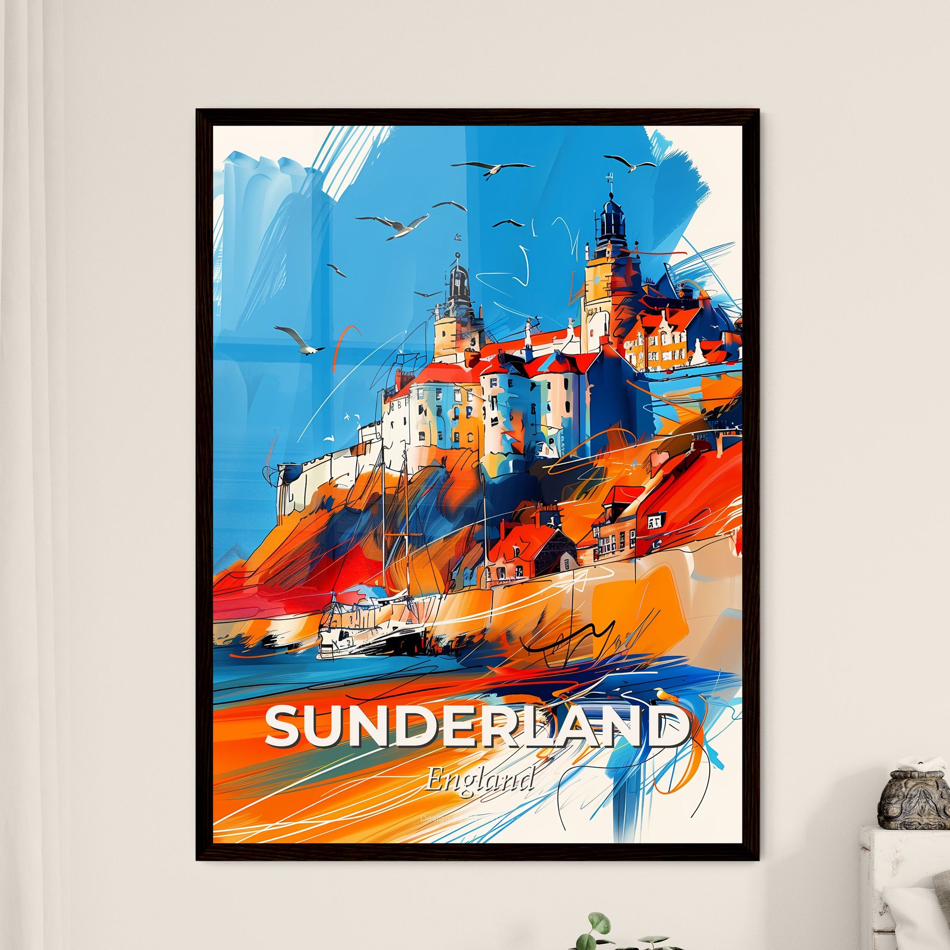 Vibrant Sunderland, England - A Painting Of A Castle On A Hill