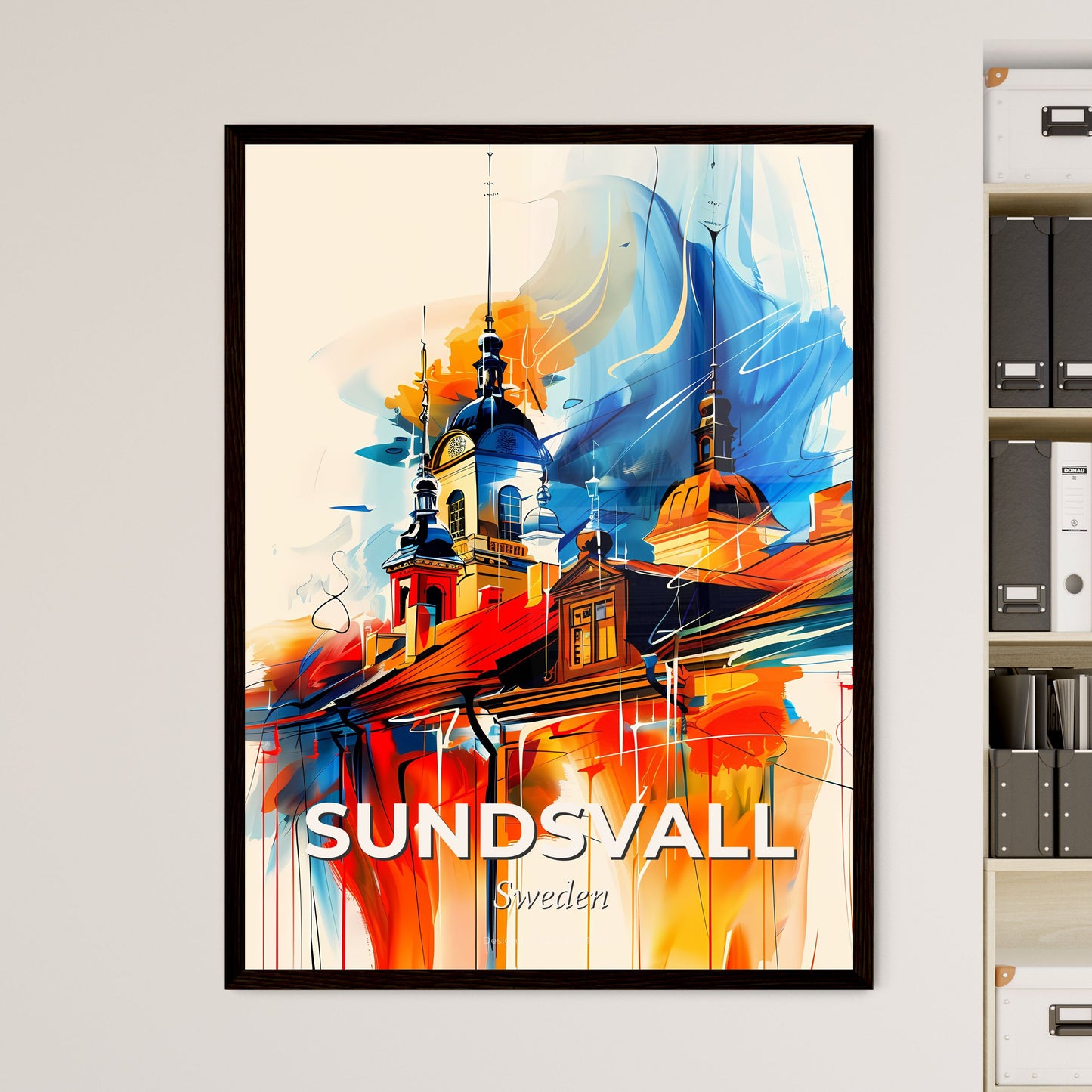 Vibrant Sundsvall, Sweden - A Painting Of A Building With A Colorful Background