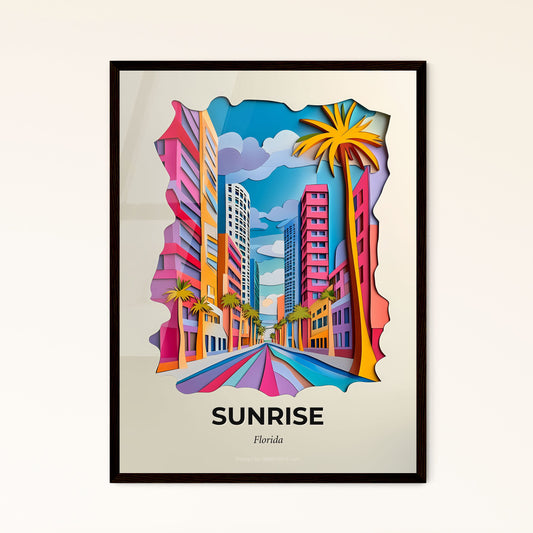 Vivid Sunrise, Florida - a colorful city street with palm trees and buildings