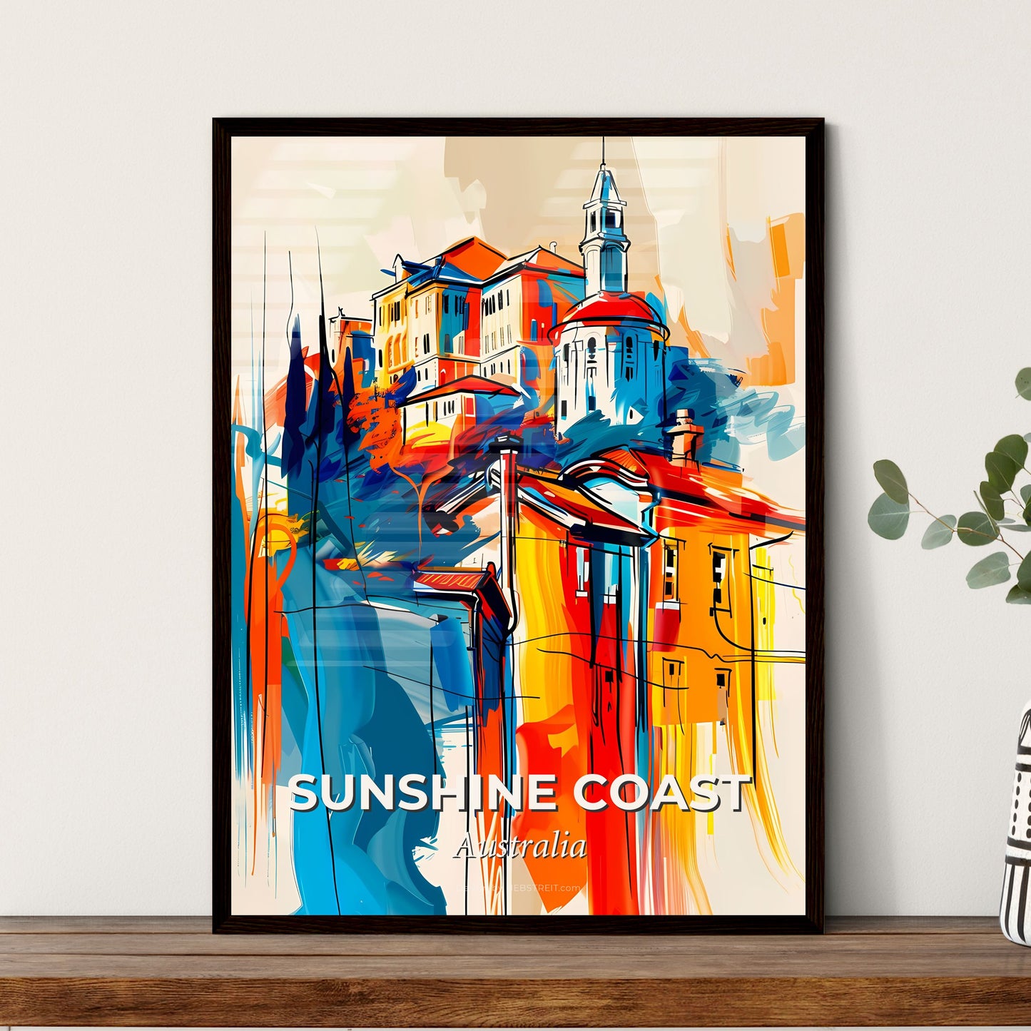 Vibrant Sunshine Coast, Australia - A Painting Of Buildings On A Hill