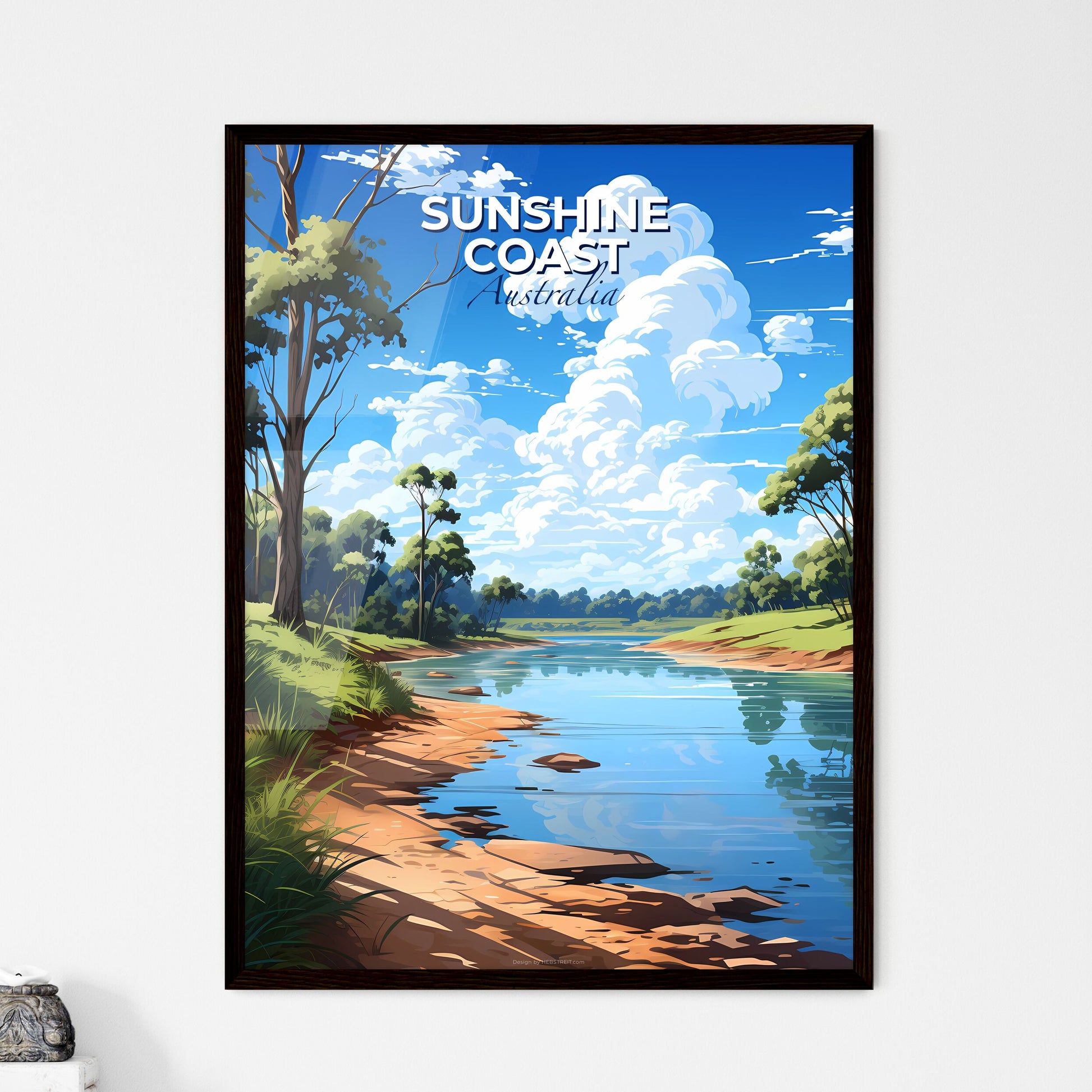 Vibrant Sunshine Coast Australia Skyline Landscape Painting of River, Trees and Grass Default Title