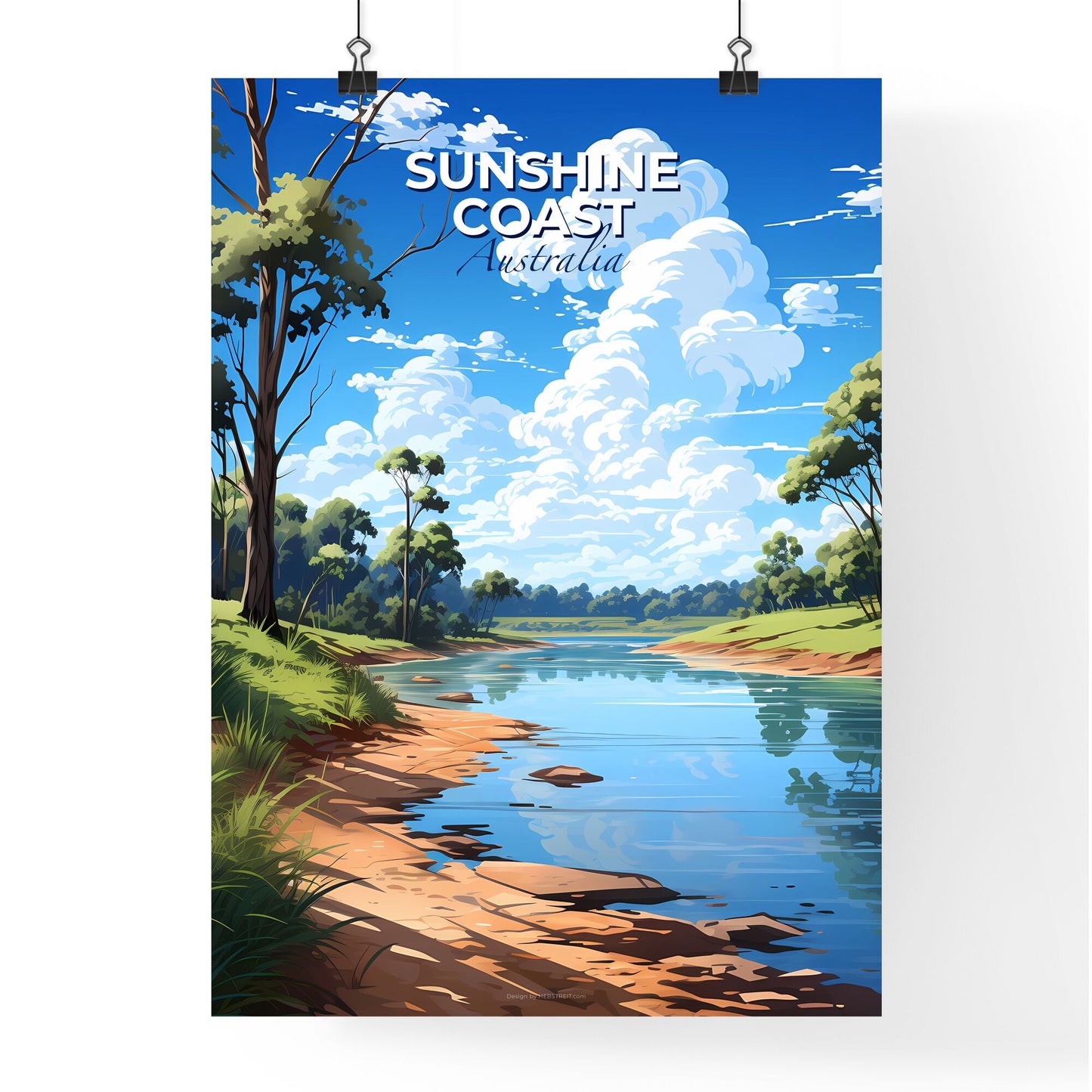 Vibrant Sunshine Coast Australia Skyline Landscape Painting of River, Trees and Grass Default Title