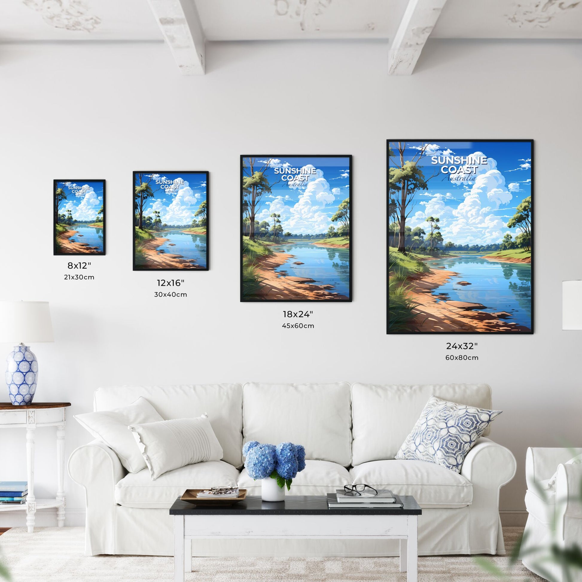 Vibrant Sunshine Coast Australia Skyline Landscape Painting of River, Trees and Grass Default Title