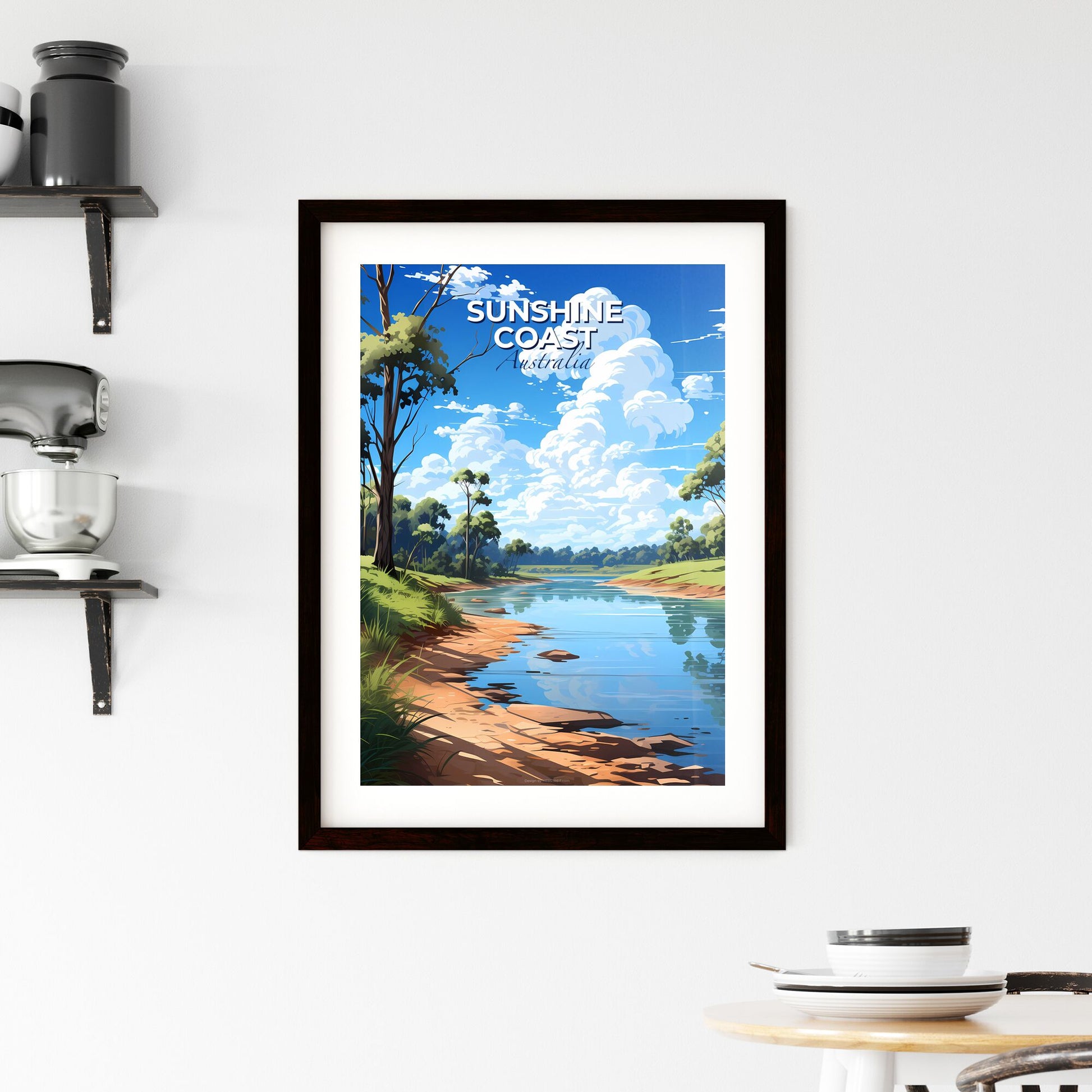 Vibrant Sunshine Coast Australia Skyline Landscape Painting of River, Trees and Grass Default Title