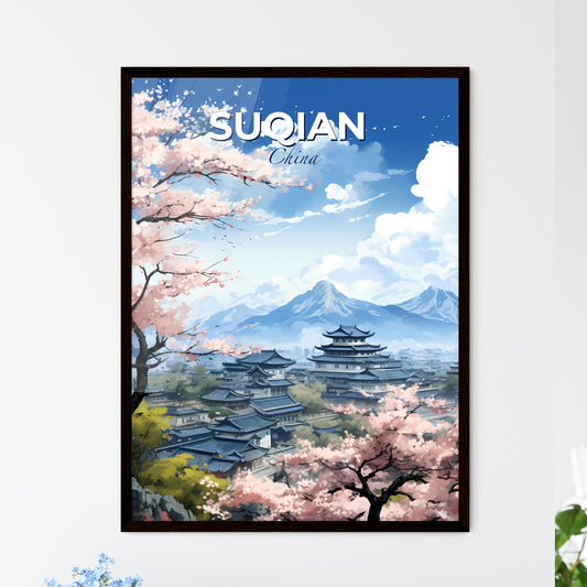 Stunning Digital Cityscape Painting of Suqian Skyline with Vibrant Cherry Blossoms Default Title