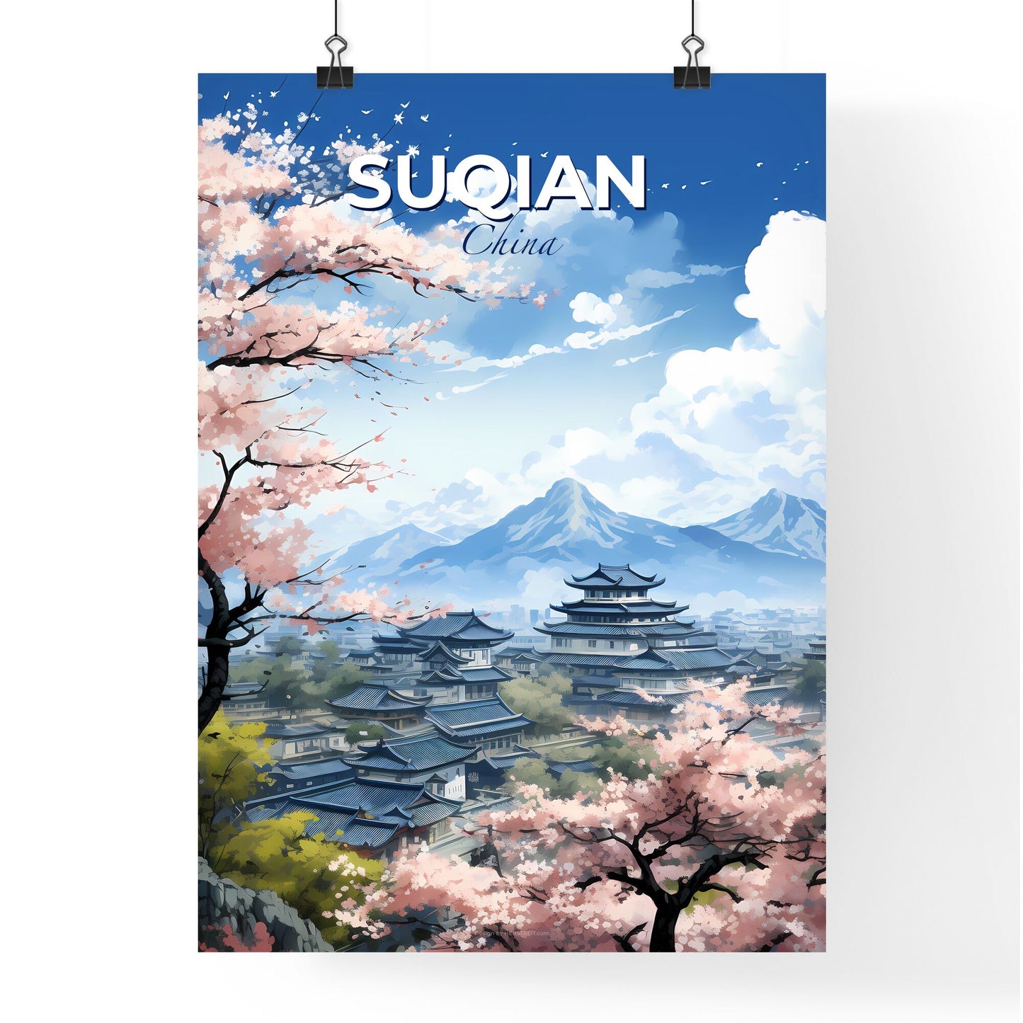 Stunning Digital Cityscape Painting of Suqian Skyline with Vibrant Cherry Blossoms Default Title