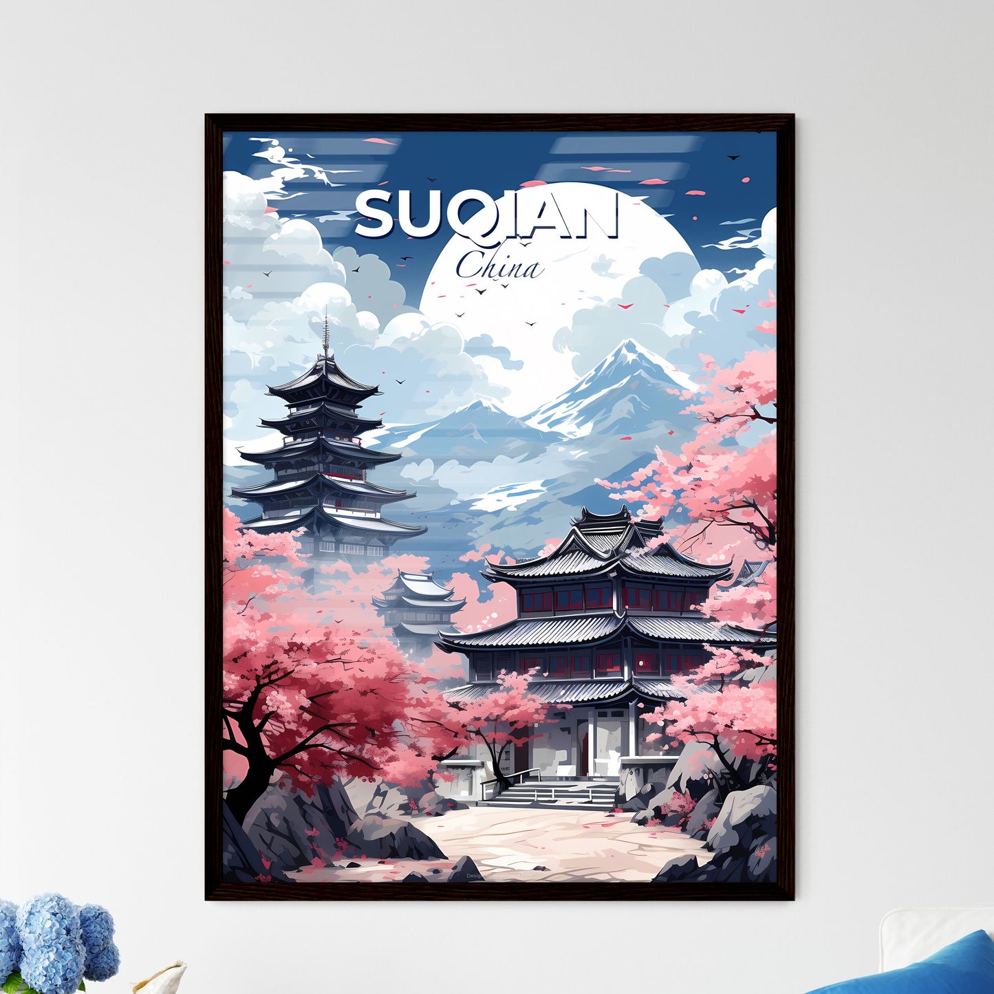 Oriental Pagoda and Cherry Blossoms in Front of a Mountain Painting Default Title